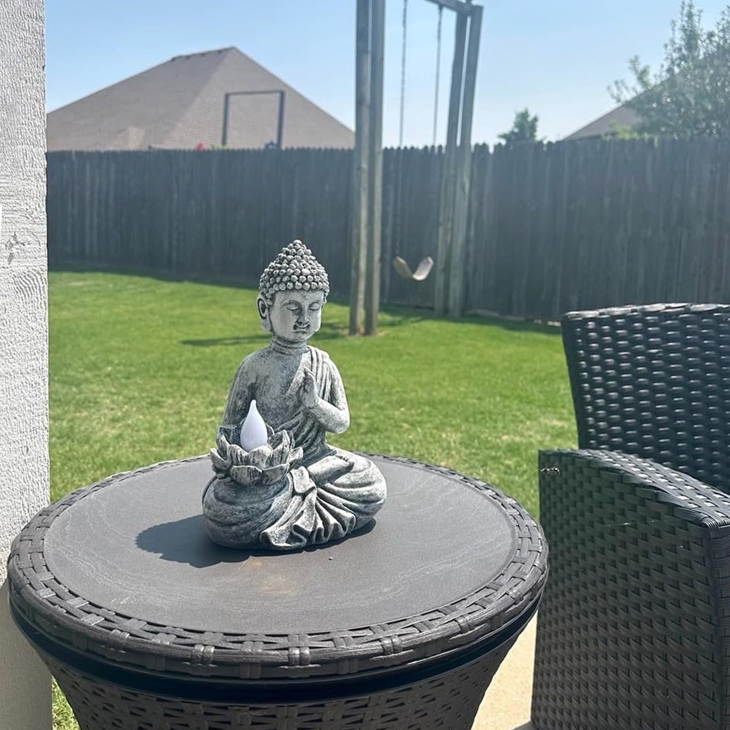 Yiosax Solar Buddha Statue - Outdoor Zen Sculpture With Flickering LED Lotus Light - Waterproof Garden Decor Gift - 11.81 Inch