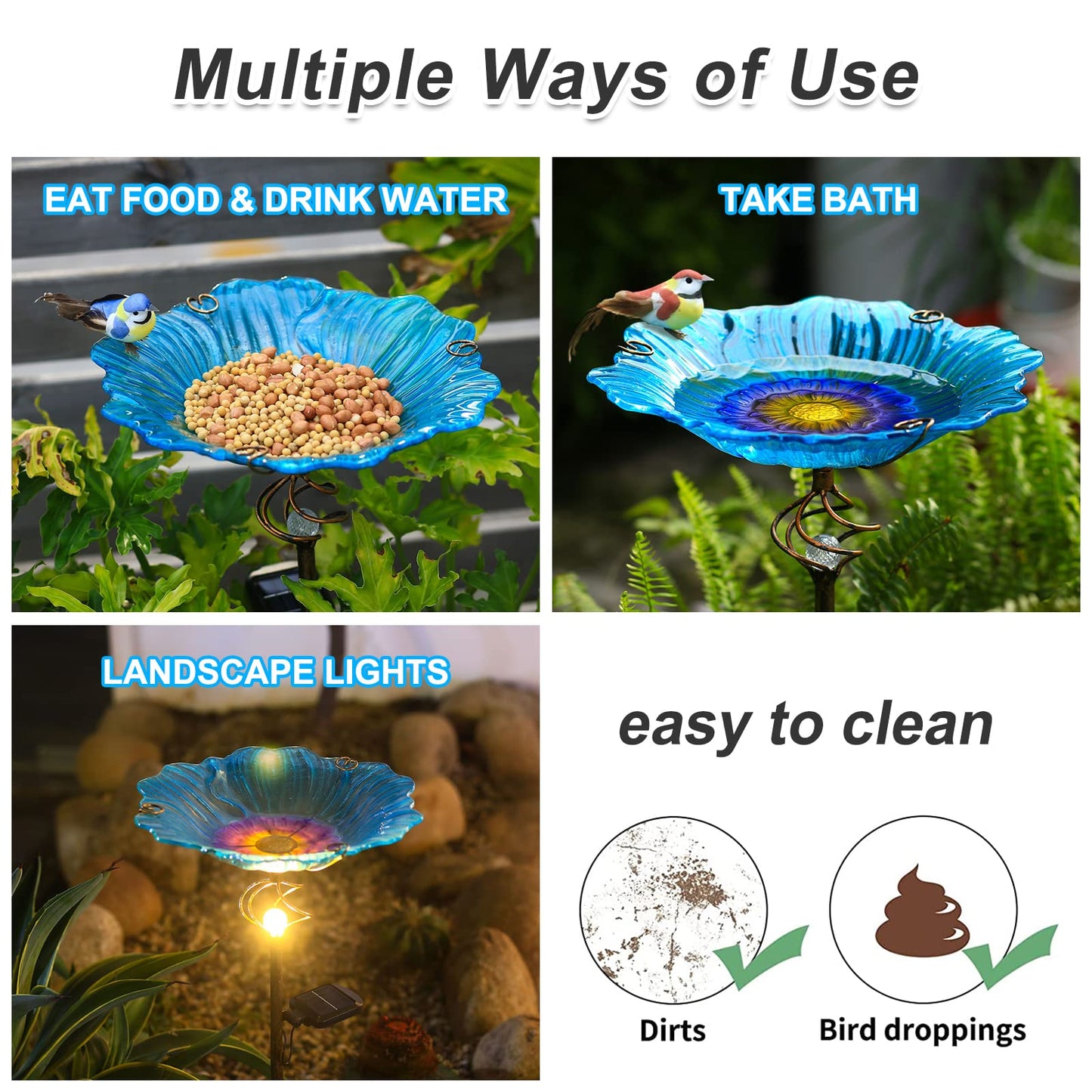 Homight Solar Glass Blue Bird Bath, Yard Art，Garden Outdoor Birdbath with Metal Stake with White LED Light Metal Stake Garden Decor Gifts