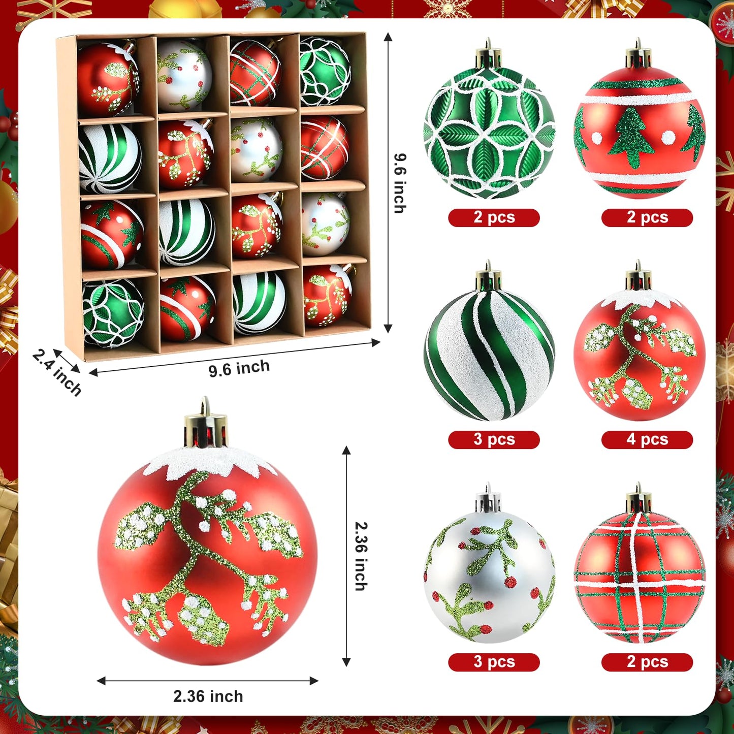 16PCS Christmas Balls Ornaments - 2.36’’ Plastic Christmas Tree Ornaments Balls Shatterproof, 2026 White Green Silver and Red Hanging Decorations for Christmas