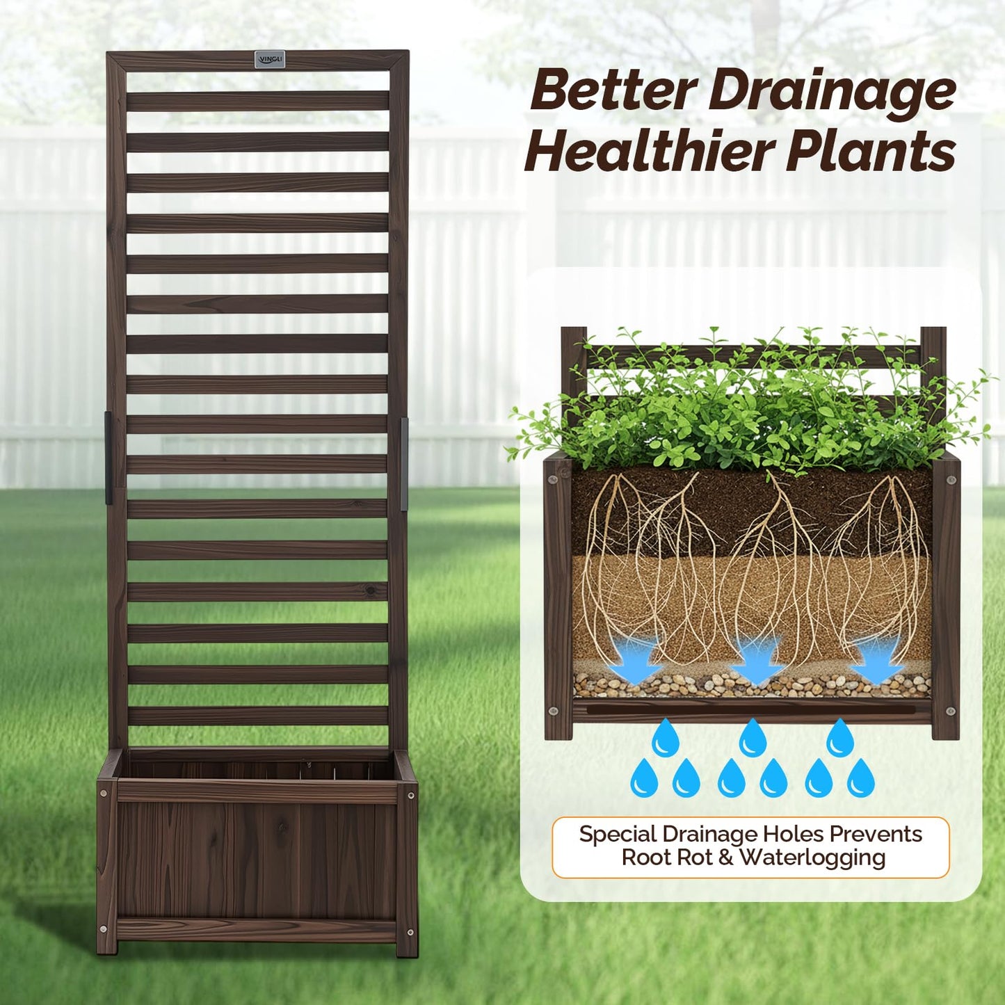 VINGLI Wooden Planter with Trellis, 51" Height Elevated Garden Beds Outdoor, FreeStanding Planter Box with Drainage Holes for Flower, Vegetable, Fruit, Herb in Garden, Patio, Balcony - 2PCS