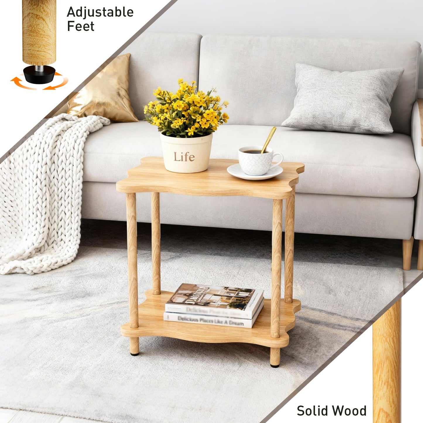 THUMEYE 2-Tier Low Side Table 17”H, Space-Saving Small Nightstand with Solid Wood Legs, Tool-Free Assembly, Suitable for Reading Chair, Bedside, Balcony, 15.7”D x11.8”W, Burlywood