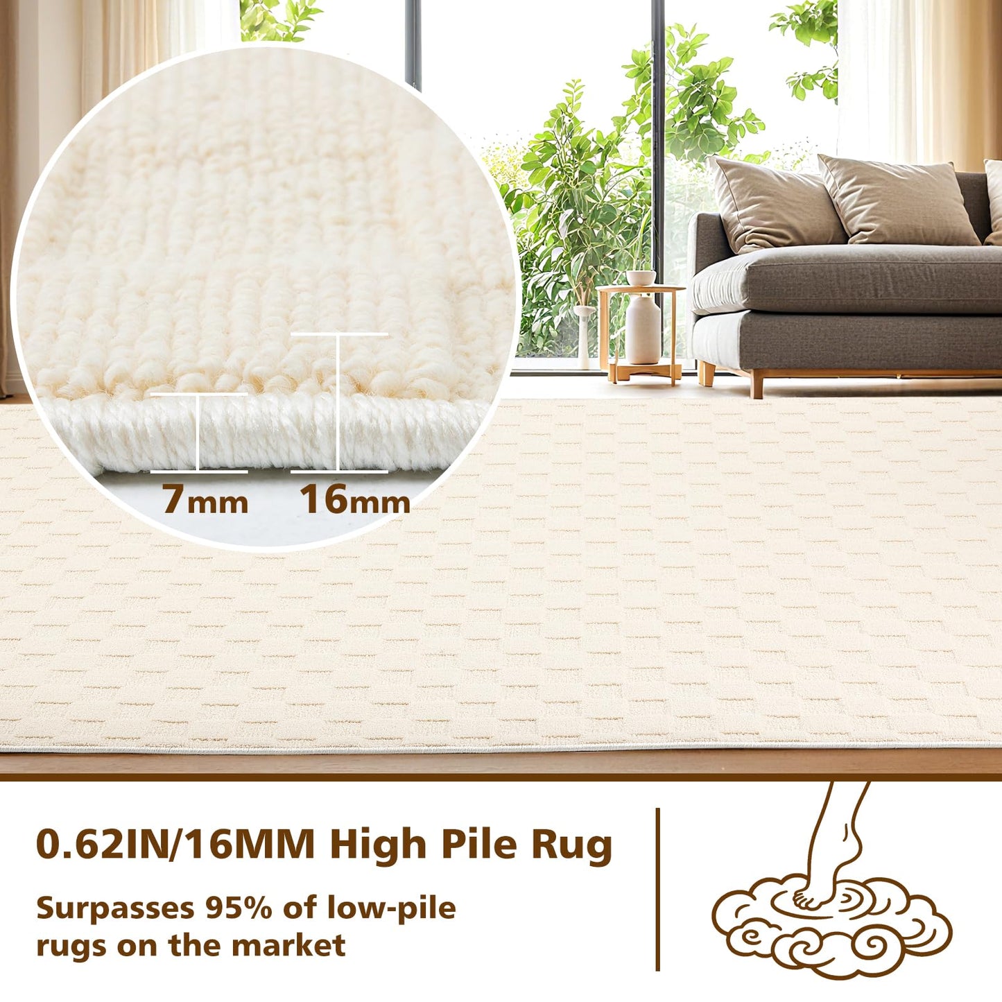 ANSSO 5x7 Wool Rugs for Living Room,80% Merino Wool and 20% Cotton Soft Tufted Area Rug with Cotton Non-Slip Backing,Large Area Rug for Bedroom Bedroom, Dining and Home Office (Cream)