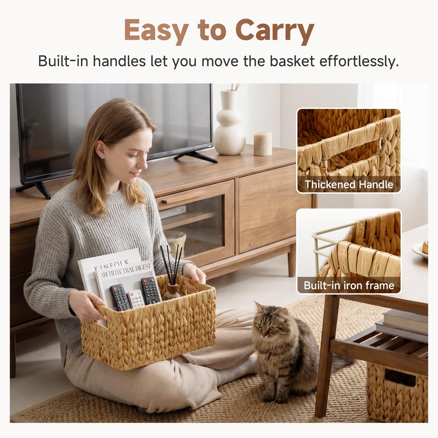StorageWorks Wicker Basket, Baskets for Organizing, Storage Basket with Built-in Handles, Water Hyacinth Shelves (Medium 2-Pack, Natural Hyacinth)