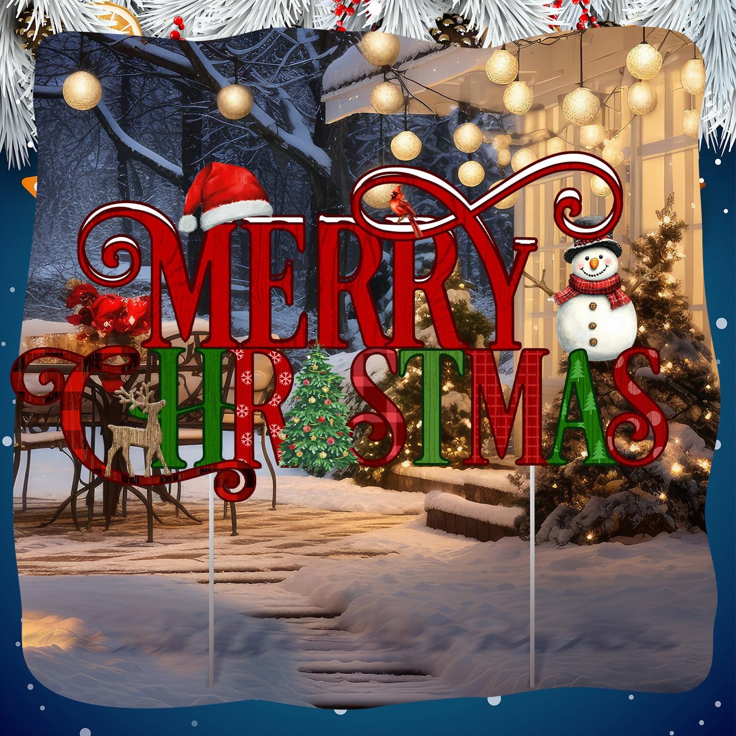 Memorywuu Metal Christmas Decoration Merry Christmas Yard Sign Stake 14.2 Inch Xmas Tree Snowman Santa Hat Outdoor Yard Decor for Xmas Outside Holiday Lawn Decorations Garden Patio Walkway