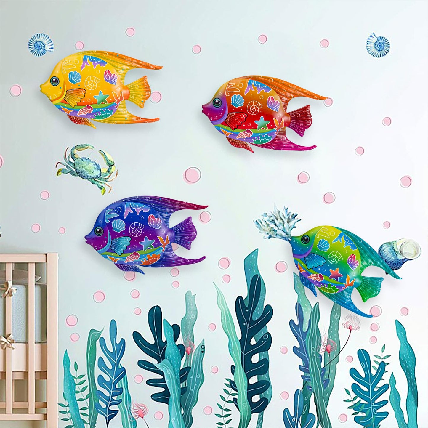 SUNREEK 9 Inches Metal Fish Wall Art, Coastal Beach Nautical Hanging Decor, Outdoor Ocean Pool Wall Decor (4, Fish-A)