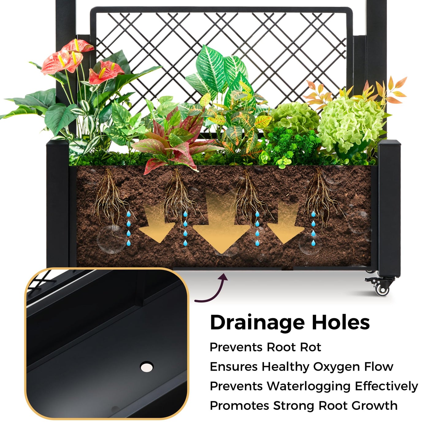 Foresland Tall Metal Planter Box with Trellis and Wheels, 72Hx46Wx16D Large Outdoor Garden Planter, 10min's Quick Setup for Climbing Plants Vines with Drainage Holes and Privacy Screen, Black