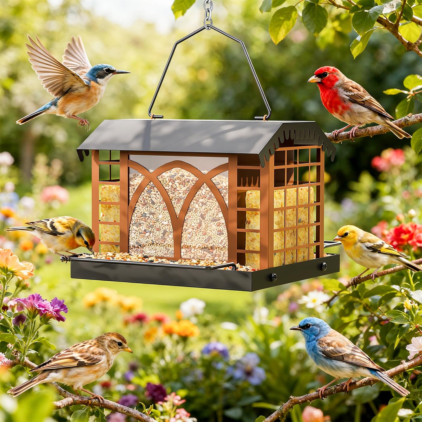 Bird Feeders for Outdoors Hanging, Metal Bird Feeder with Double Suet Cage Weatherproof Metal Roof, 3.5Lbs Large Capacity Great for Attracting Finch Cardinal Chickadee Wild Birds, Pinecone Brown