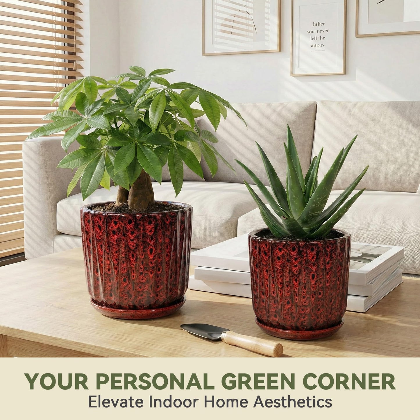 TOSELBAI 7.5 Inch Ceramic Planter Pot with Saucer Drainage Leak-Proof Mesh,Flower Pots for Indoor Plants with Gardening Gloves,Ceramic Planter(Spotted Red)