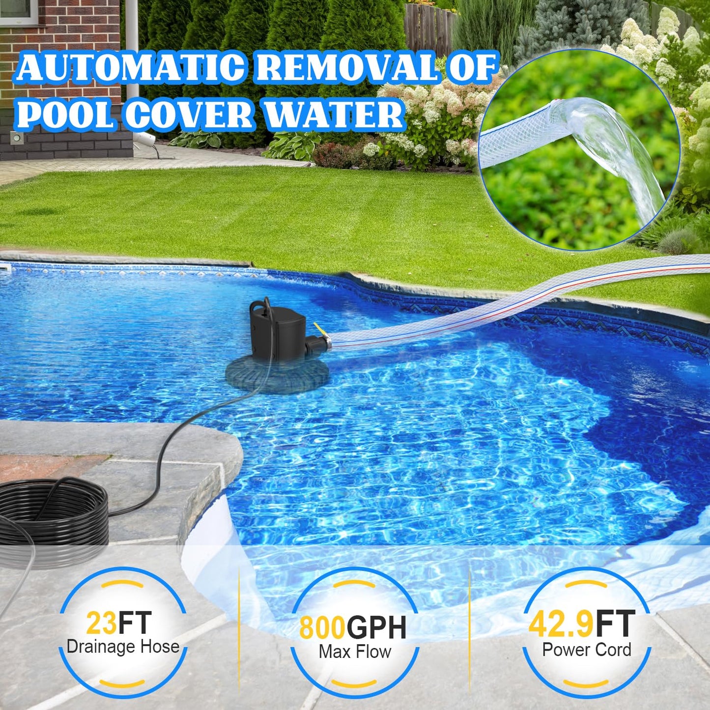 GAIZERL Pool Cover Pump, 3000L/H Automatic On Off Swimming Pool Cover Pump with 2 Garden Hose Adapters, 23ft Drainage Hose, and 49ft Power Cord, Submersible Water Pump for Pool, Tubs, and Water Beds