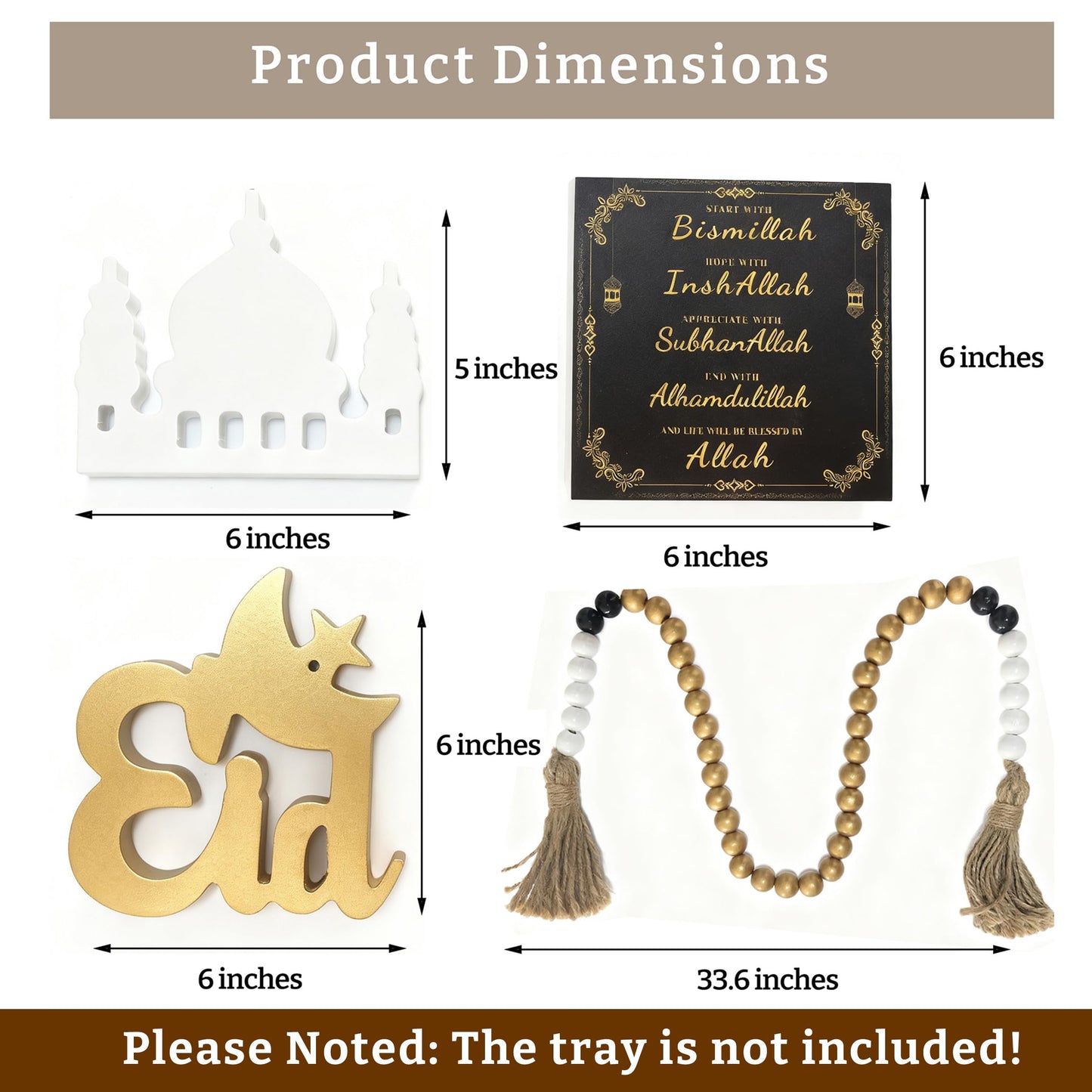 Dazingart Ramadan Decorations Eid Mubarak Table Decor for Home, Islamic Ramadan KareemTiered Tray Decor for Muslim Party Tabletop Decor with Gold Wood Beads Garland with Tassels (Eid)