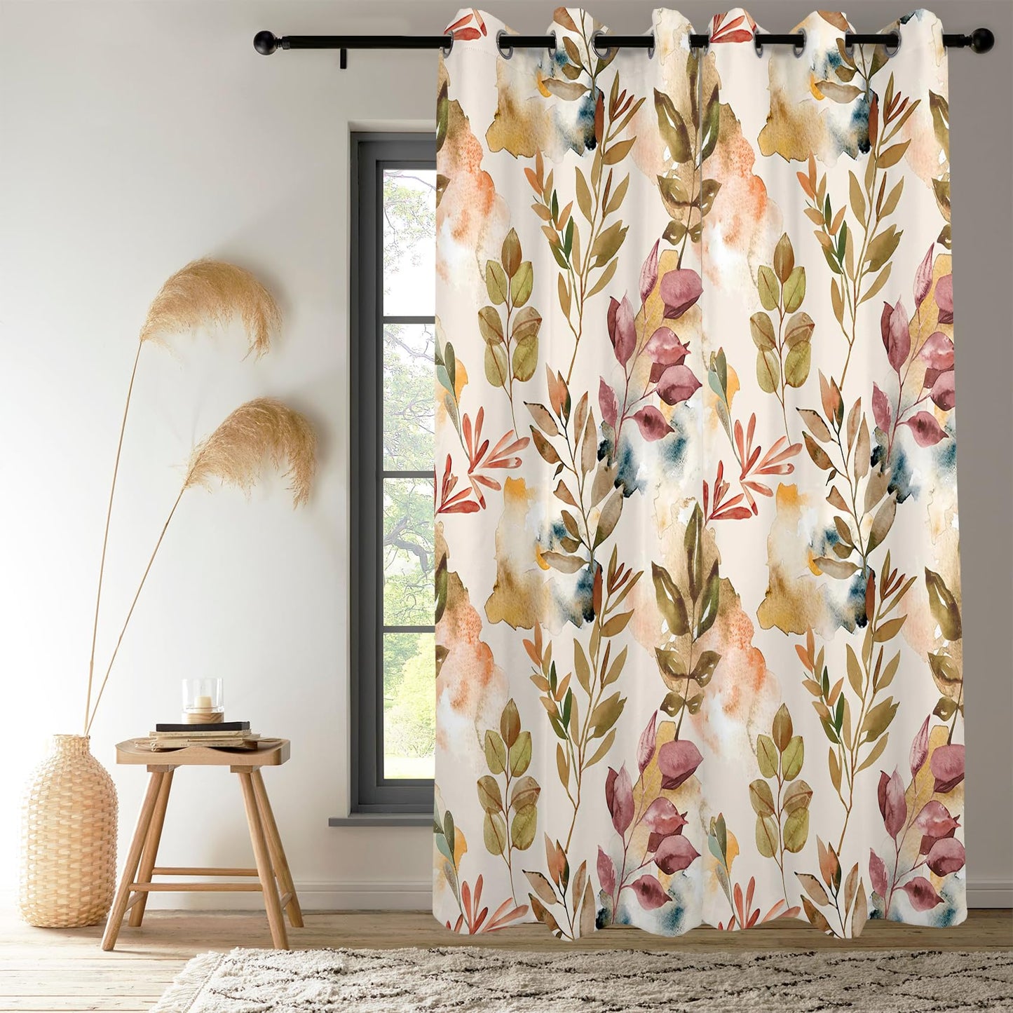 Renaiss Printed Decorative Curtains for Living Room Modern Beige Leaves Pattern Window Drapes & Curtains 2 Panels Set, Thermal Insulated Fabric Room Darkening Curtains Pretty Home Decor 53" W x 84" L