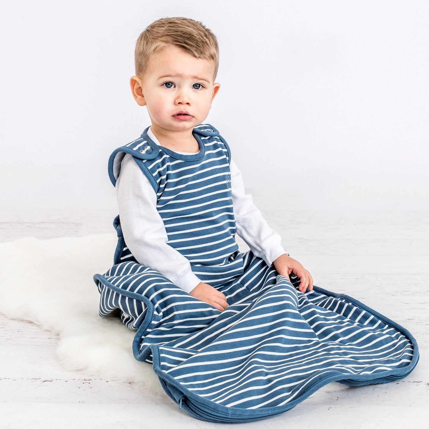 Woolino 4 Season Ultimate Baby Sleeping Bag - Merino Wool and Organic Cotton - Universal Size Adjustable Sleep Sack for Baby - Two-Way Zipper Sleeping Bag (2-24 Months) - Navy Blue