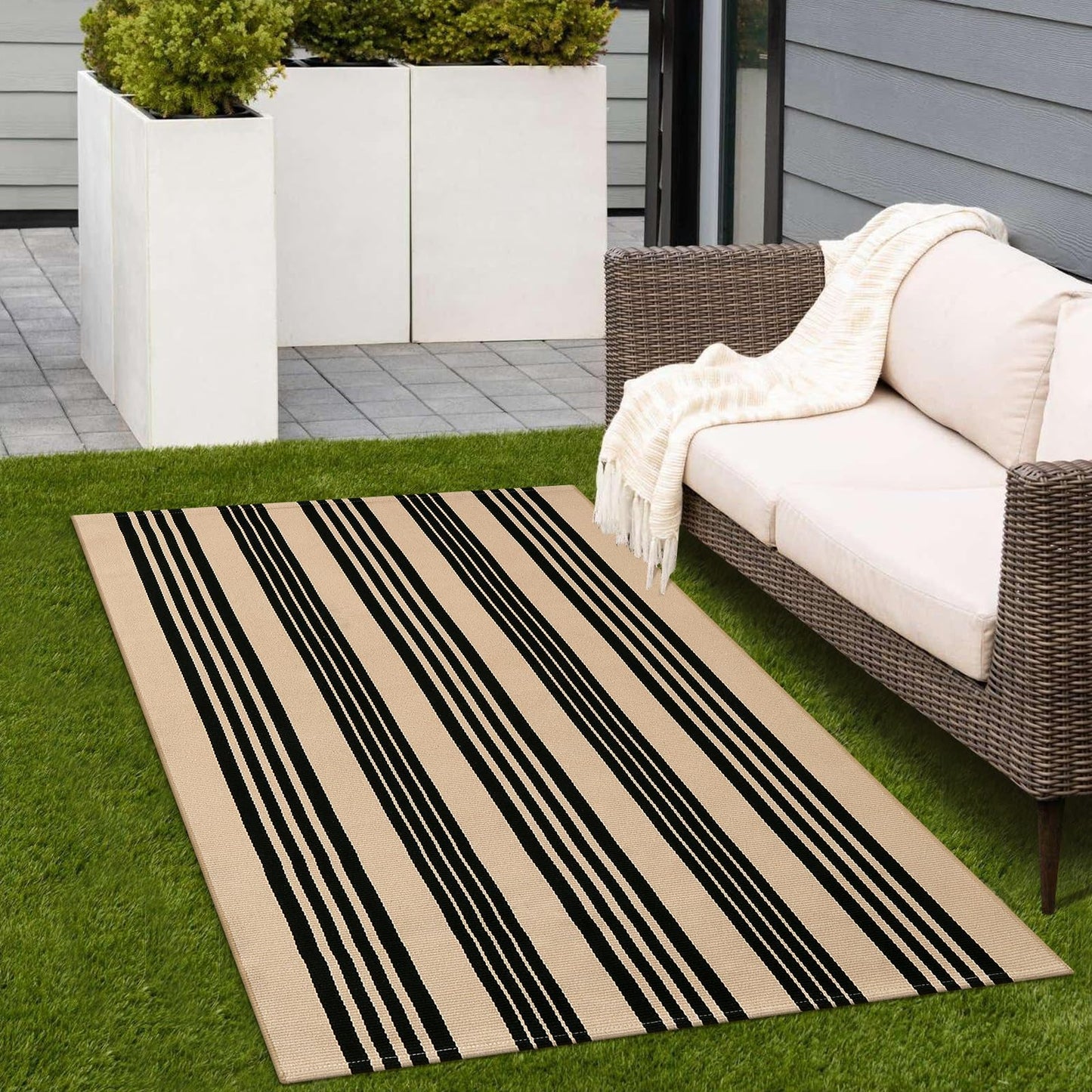 Sungea Black and Khaki Striped Rugs 3x5, Outdoor Cotton Hand Woven Front Door Mat,Washable Reversible Layered Door Mats, Foldable Front Porch Rug for Entryway/Home Entrance/Farmhouse