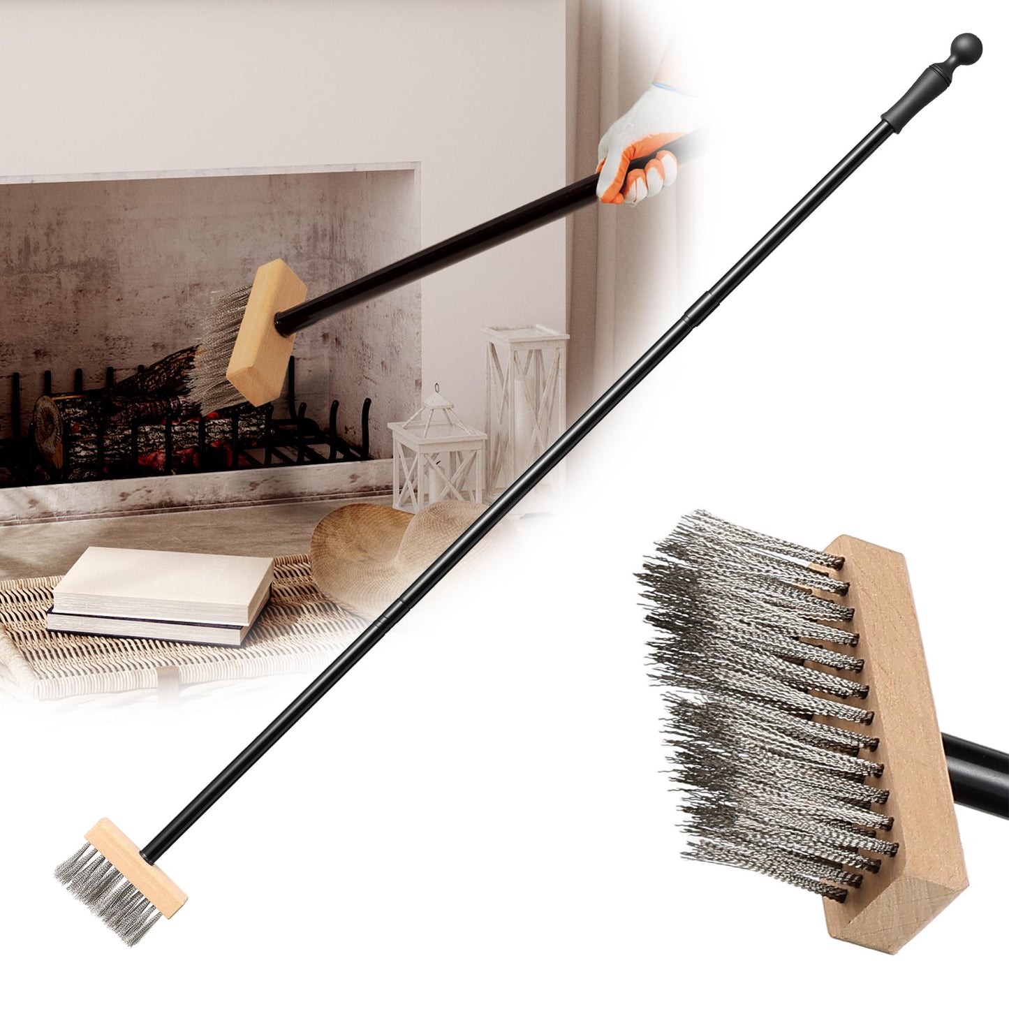 Cleaning Brush Deck Broom, Wire Brush Cleaning Tool for Fireplace Long Handle 43 Inch, Heavy Duty Steel Wood Burning Stove, Fire Pit Wire Outdoor Broom for Outdoor Moss Removal