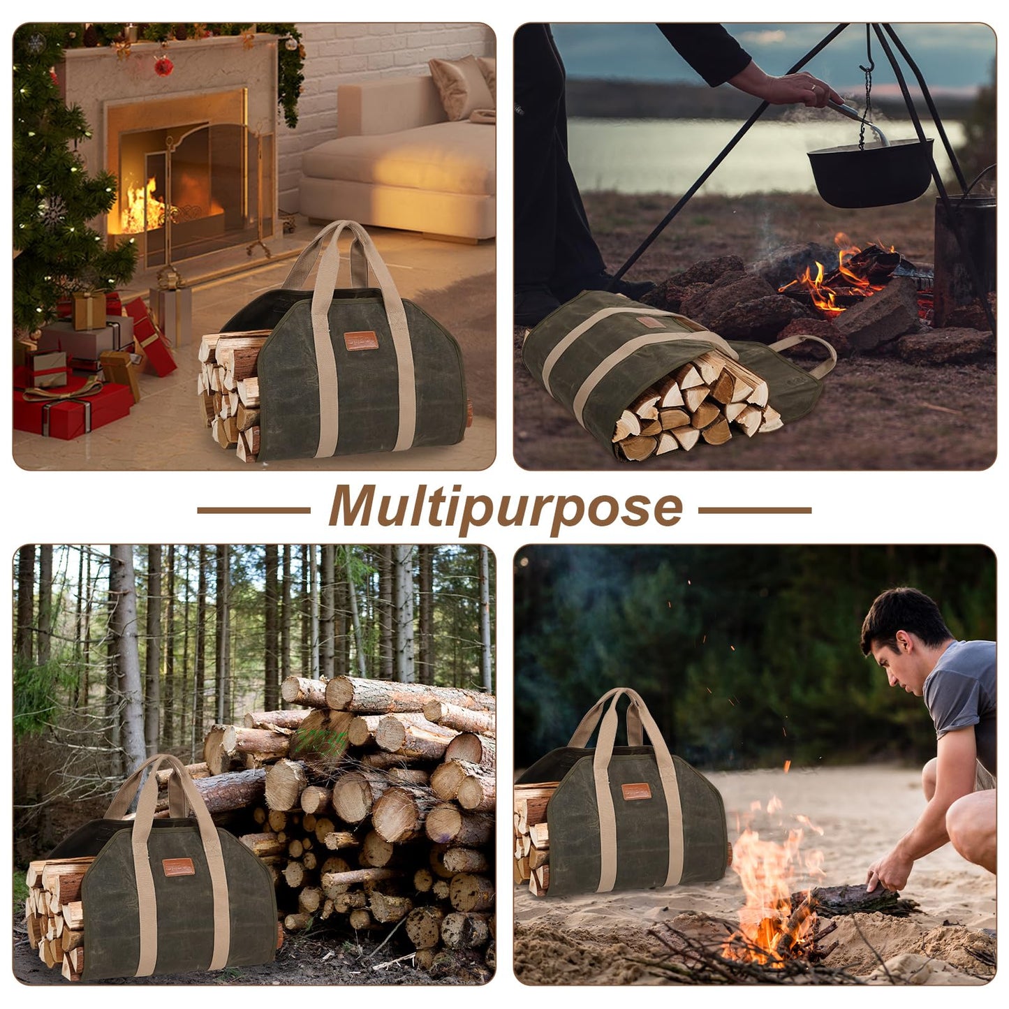 STBoo Firewood Carrier Waxed Canvas: Log Carrier for Firewood Heavy Duty | Fire Wood Carrier Tote Bag | Fireplace Log Holders for Firepit Outdoor Camping, Indoor, Wood Stove Accessories Gift, Geen