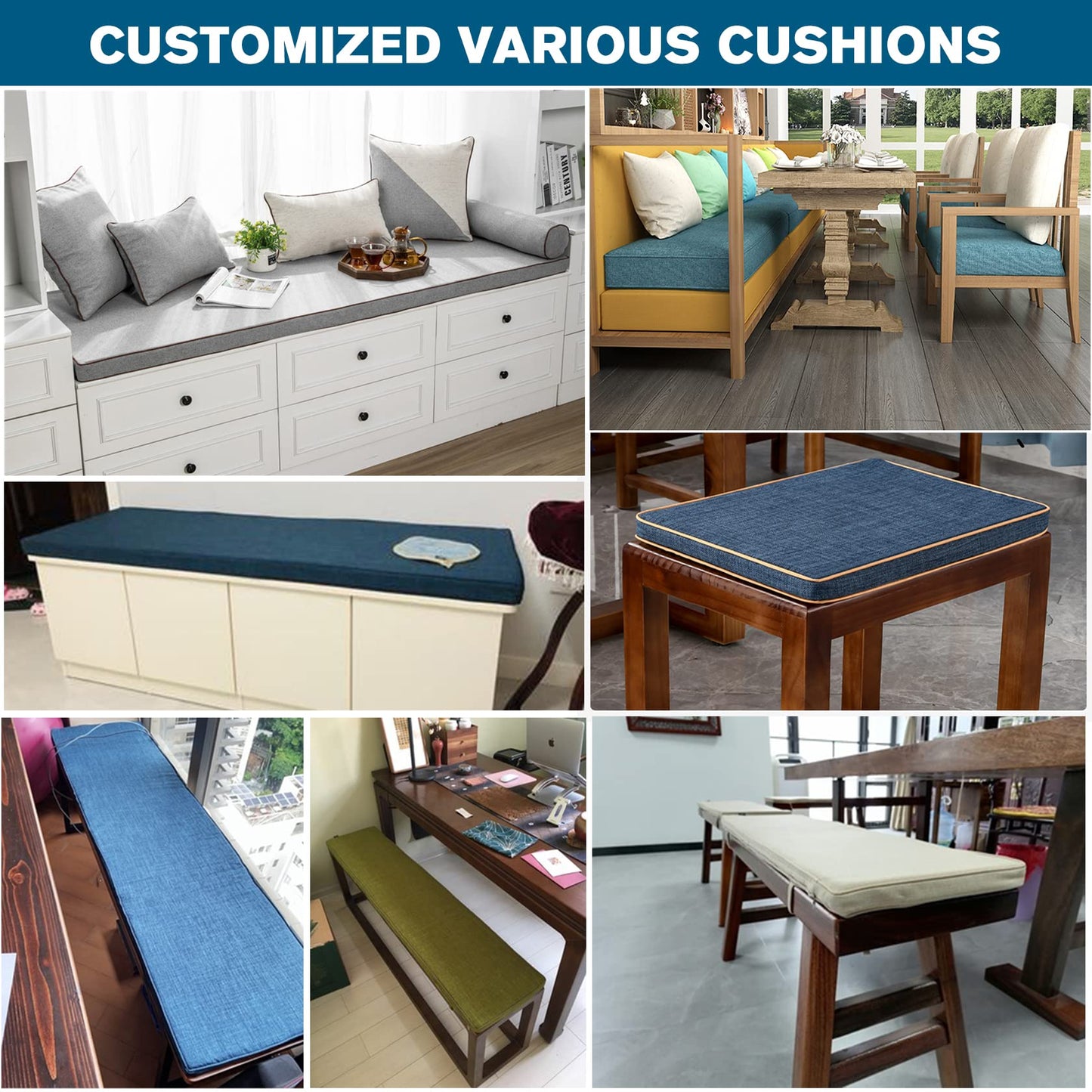 SXROMDA Customize Bench Cushion, Furniture Cushion, High Density Memory Foam, Linen Washable, Non-Slip Bench Pad for Shoe Bench Rack, Window, Piano, Dining (Custom Size, Blue)