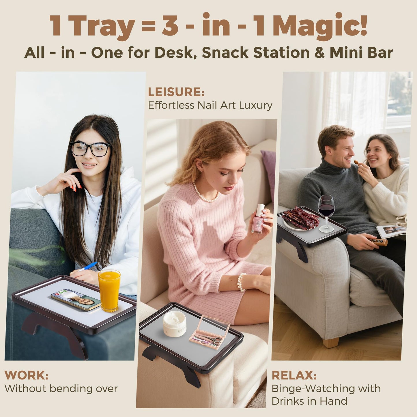 Tomlyop Couch Armrest Table, Foldable Bamboo Sofa Arm Tray for Couch with a Non-Slip Pad, Clip On Couch Arm Table for Remotes/Eatting/Drinks, Fits Sofa Armrest 3.5"-13.5" Brown