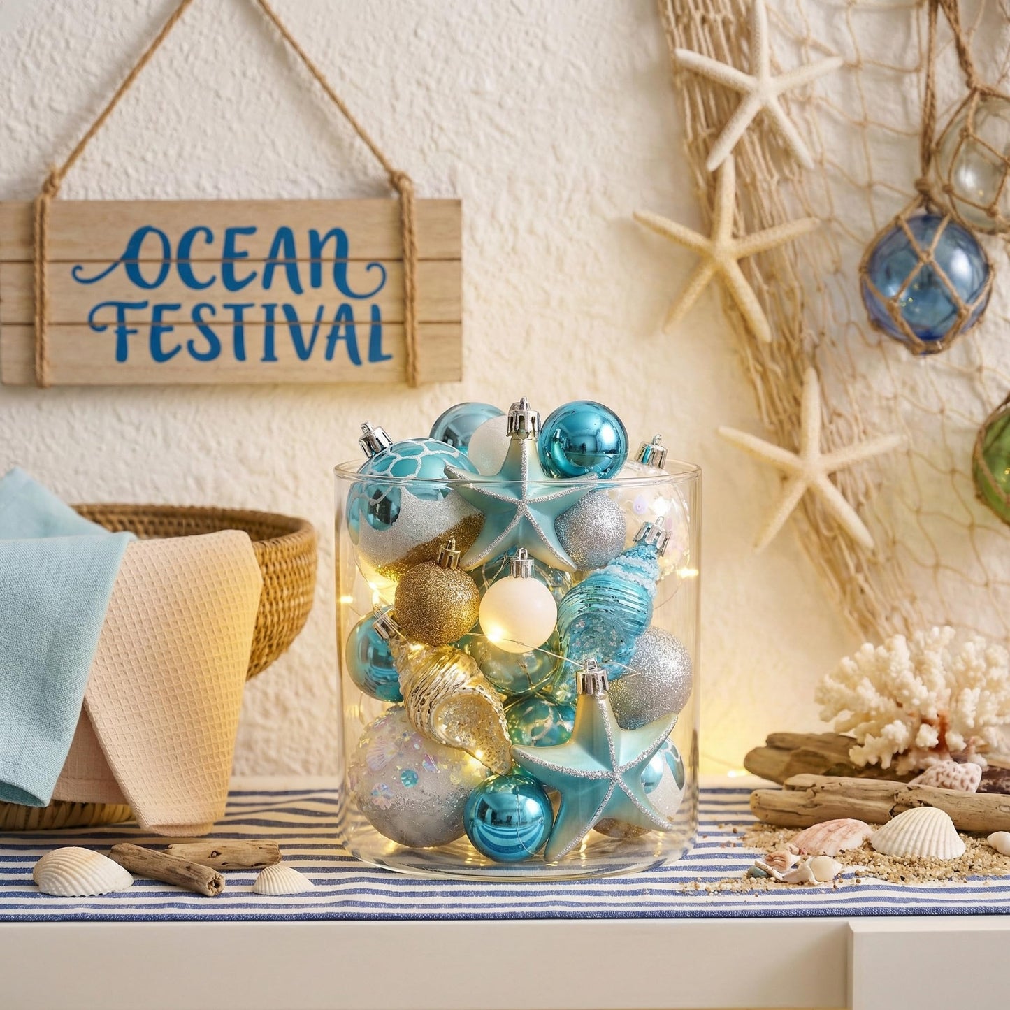 Valery Madelyn Summer Tree Ornaments 35ct Shatterproof Nautical Beach Decor Nautical Ocean-Themed Coastal Christmas in July Tree Decorations, Seashells Starfishs Conch Shell for Tropical Party