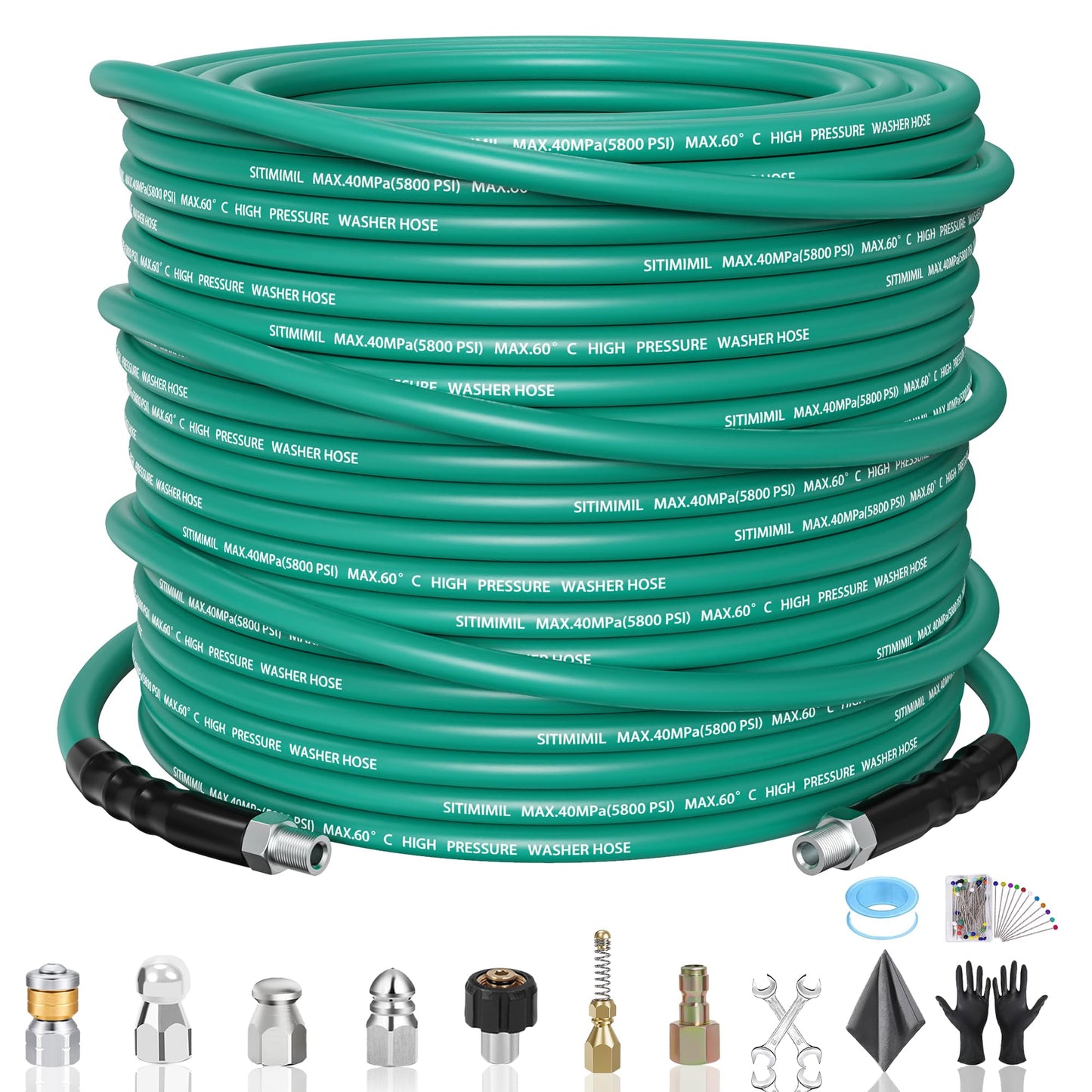 SITIMIMIL 100FT Sewer Jetter Kit for Pressure Washer,1/4‘’NPT Drain Cleaner Hose 5800PSI, With Adapter Corner Rotating Button Nose Sewer Jetting Nozzles Kit Pearl Corsage Pin Spanner Waterproof Tape