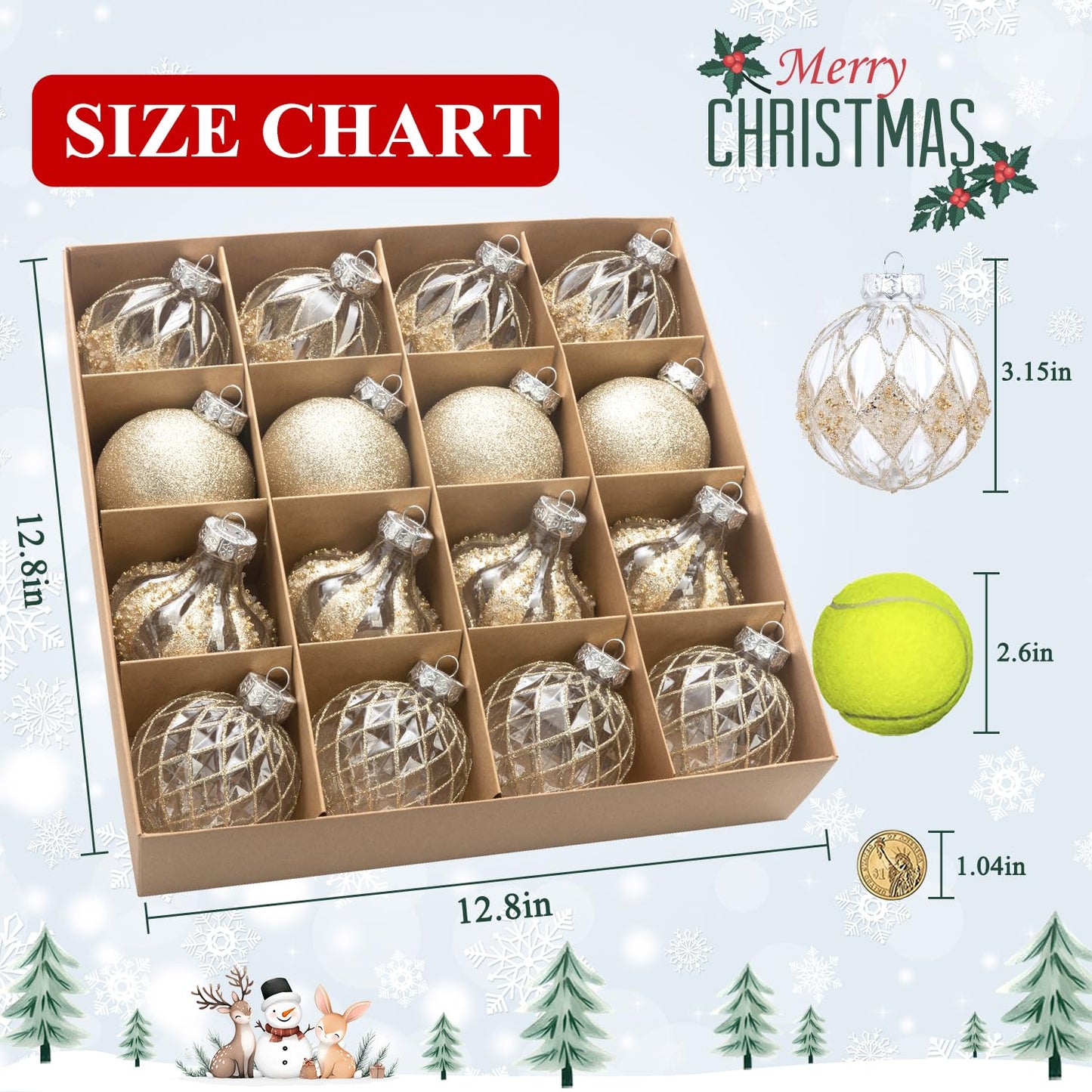 3.15" Clear and Champagne Christmas Ball Ornaments Set, 16 Pcs Luxury Hand-Painted Xmas Tree Decoration, Large Shatterproof Rustic Farmhouse Balls for Party Holiday Wreath Garland Home Decor