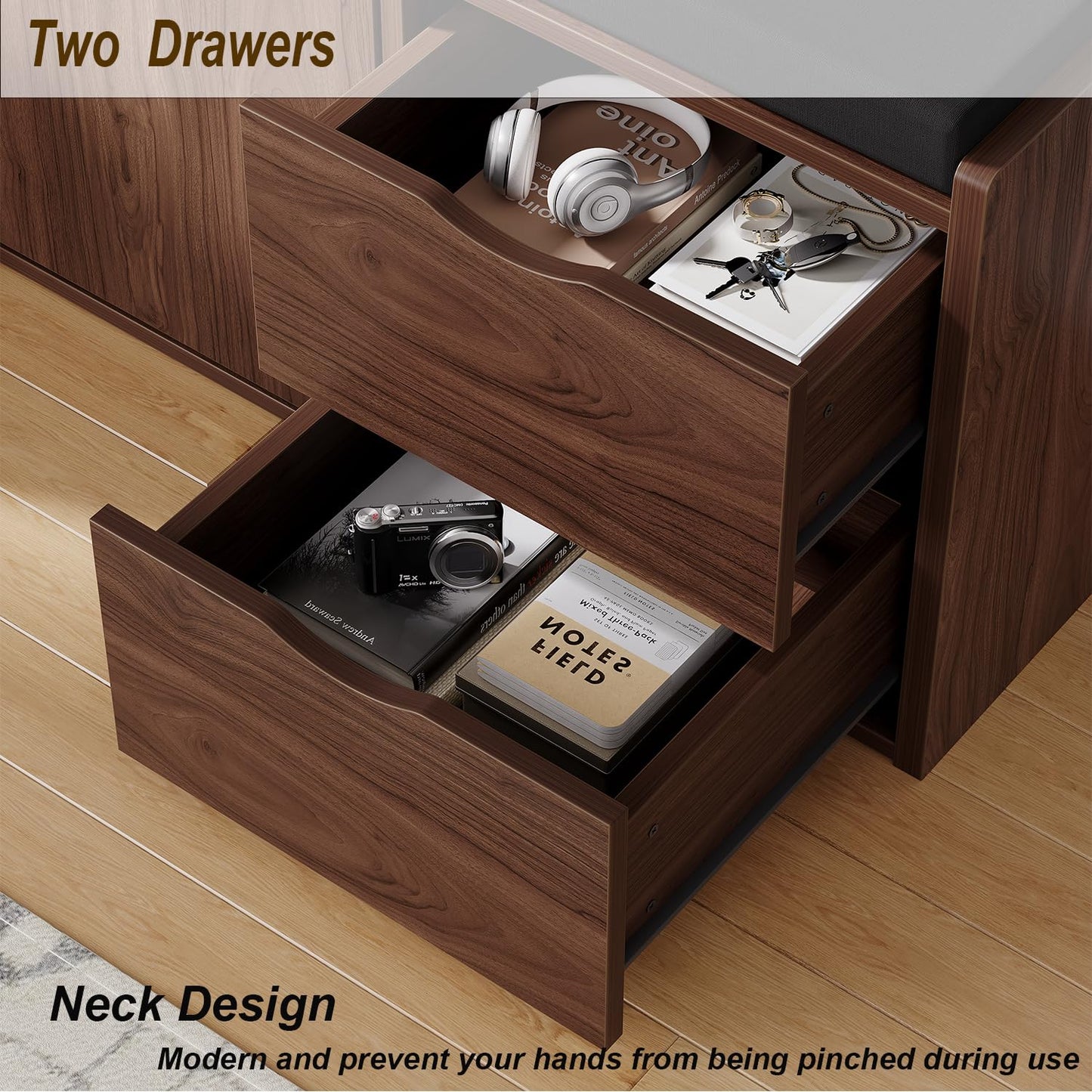 LVB 40” Entryway Storage Bench with Padded Seat Cushion, Wood Hidden Shoe Organizer Bench with 2 Drawers Cabinet, Industrial Shoe Bench for Foyer Entrance Living Bedroom, Walnut Oak, 40 inch