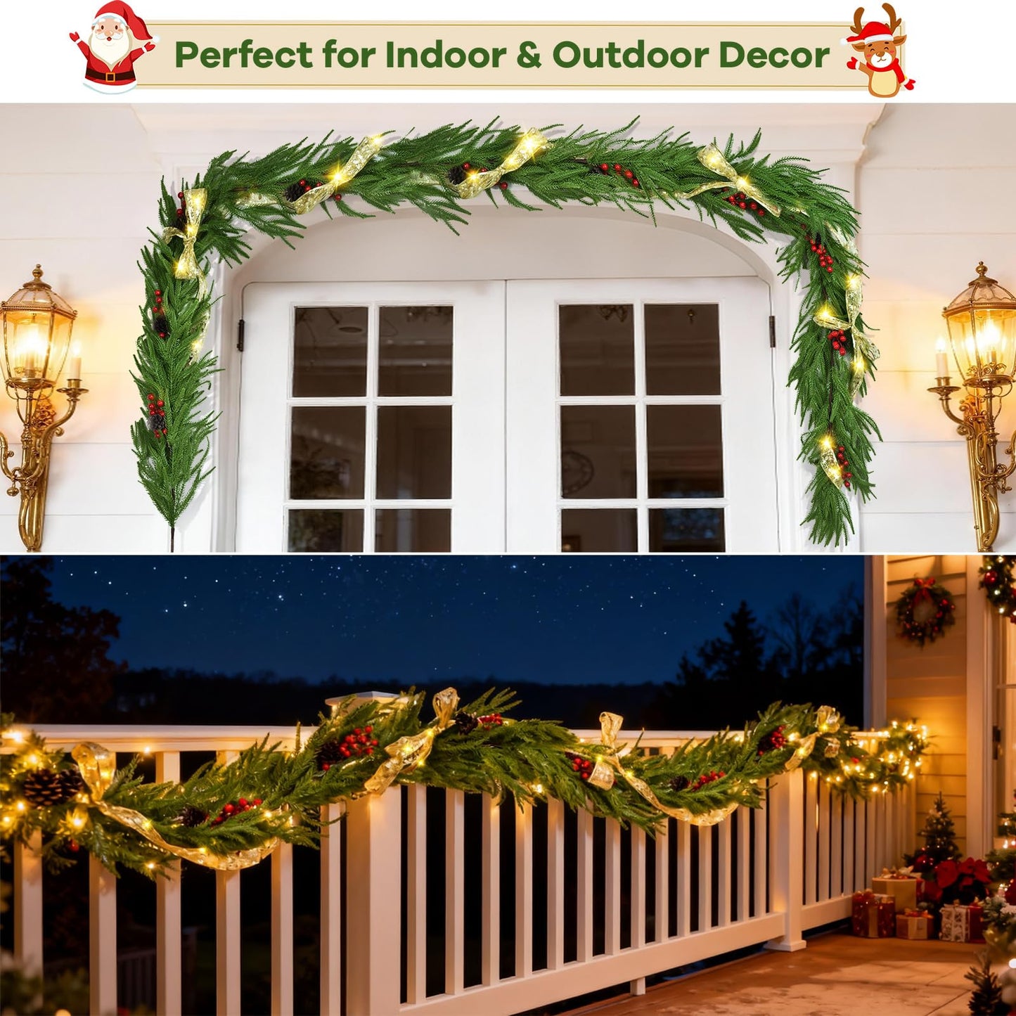 6 FT Christmas Norfolk Pine Garland Real Touch Artificial Greenery Garland Faux Pine Garlands for Mantel Fireplace Table Stairs Indoor Outdoor Christmas Decor, Bonus Gold Ribbon with LED Lights
