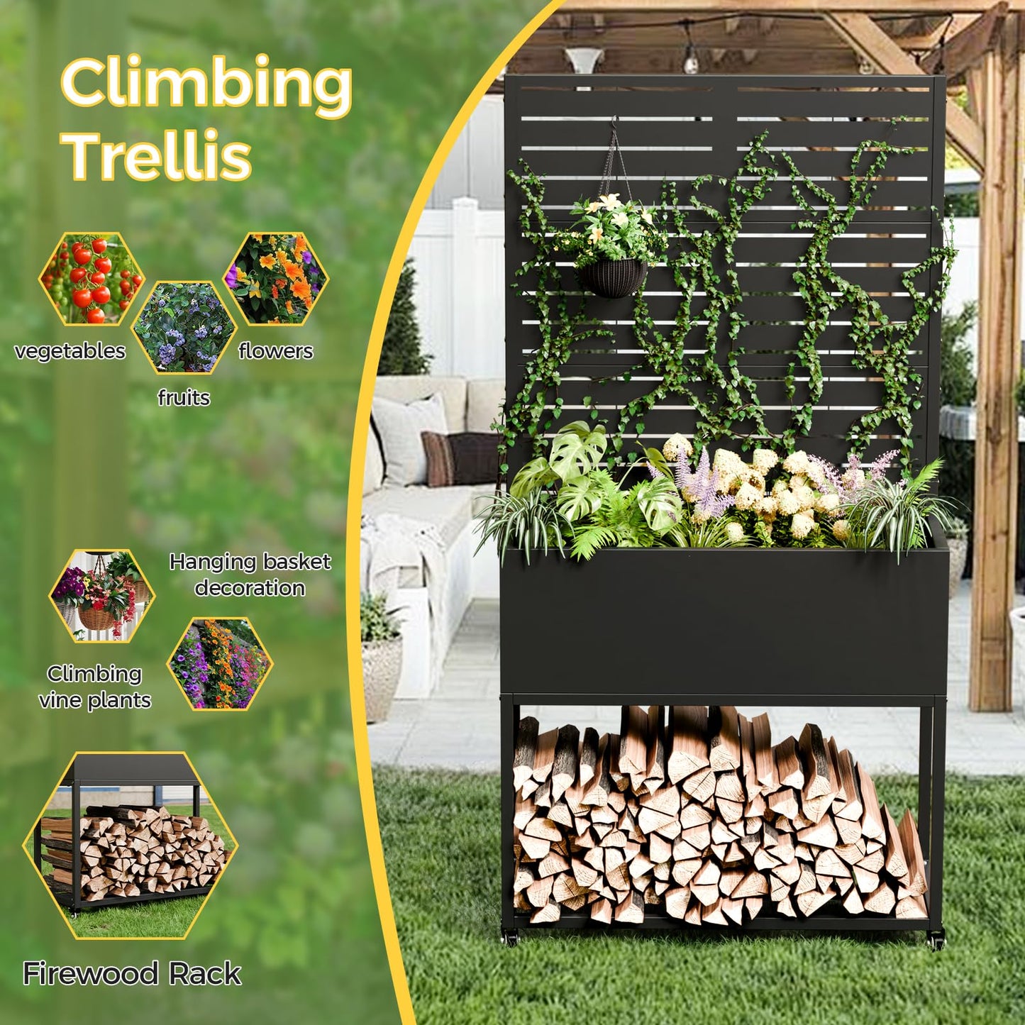 Diyfire Metal Planter Box with Trellis, 67"x35"x16"Metal Raised Garden Bed with Drainage Holes, Raised Garden Beds Outdoor, Privacy Planters Trellis for Climbing Plants, Patio,Garden, Wheels, Black