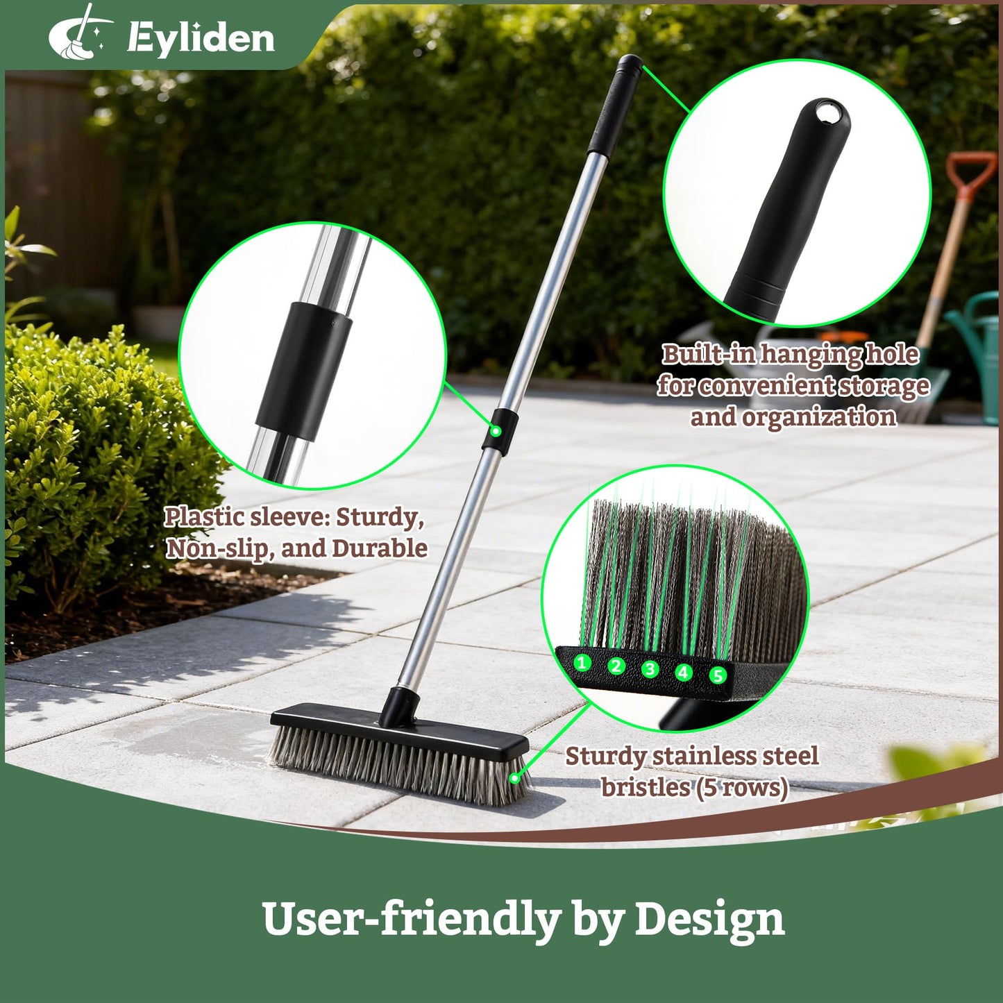 Eyliden Push Broom, Heavy Duty Moss Wire Scrub Brush with Stainless Steel Bristles, 65" Long Handle, Scrubber Brush for Deck, Floor, Concrete, Roof, Patio, Pool Outdoor Cleaning