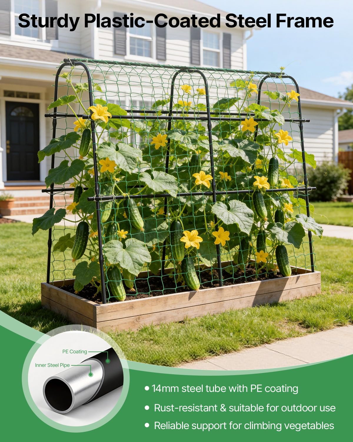 Suteck Cucumber Trellis for Raised Bed – 63" Tall Arch U-Shaped Metal Garden Trellis for Climbing Vegetables, Easy Assembly Plant Support for Home Gardeners