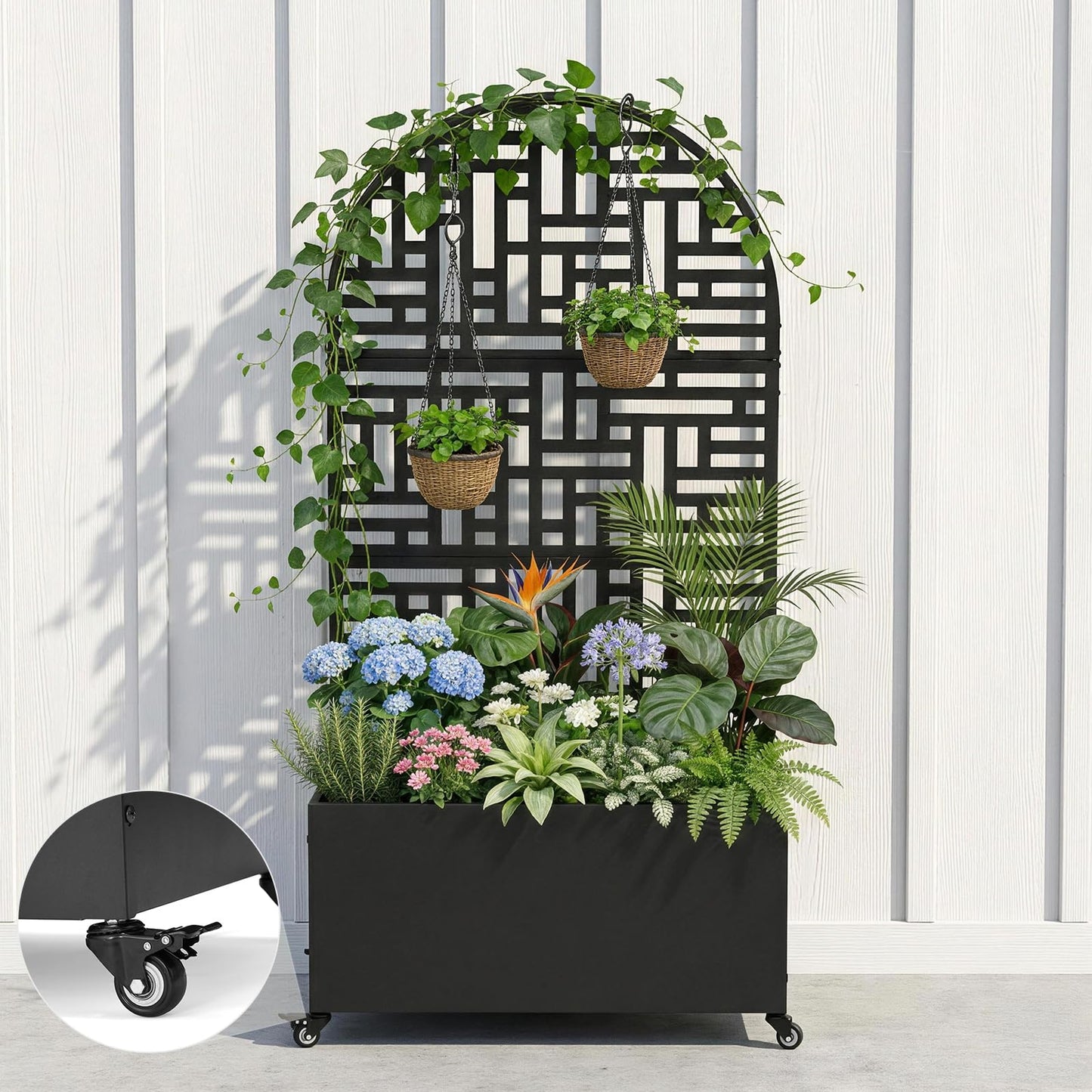 VINGLI 71″H Metal Raised Garden Bed with Trellis and Wheels, Outdoor Planter Box with Drainage Holes for Climbing Plants, Vegetables and Vines, Privacy Screen, for Patio, Backyard and Balcony, Black