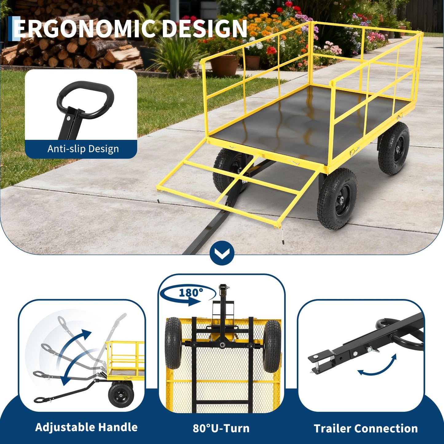 Heavy Duty 1500 Lbs Capacity Mesh Steel Garden Cart Folding Utility Wagon with Removable Sides, Garden Cart on Wheels for Gardening Soil, Tools, and Plant Transport