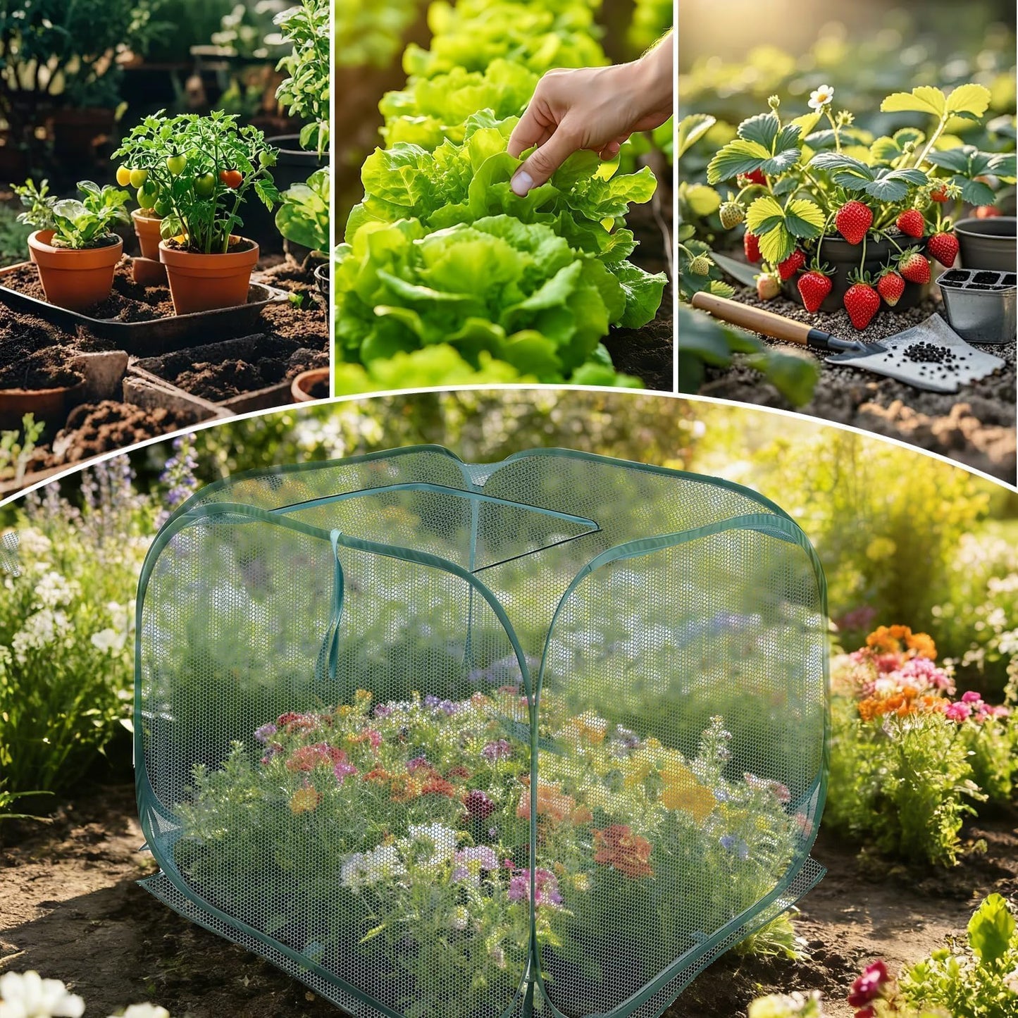 EATAKWARD 2 PCS Foldable Plant Protector, 35" x 35" x 27.5" Pop-Up Mesh Cover, Bird Betting for Garden, Garden Bed Cover for Outdoor Vegetables, Fruits, and Flowers