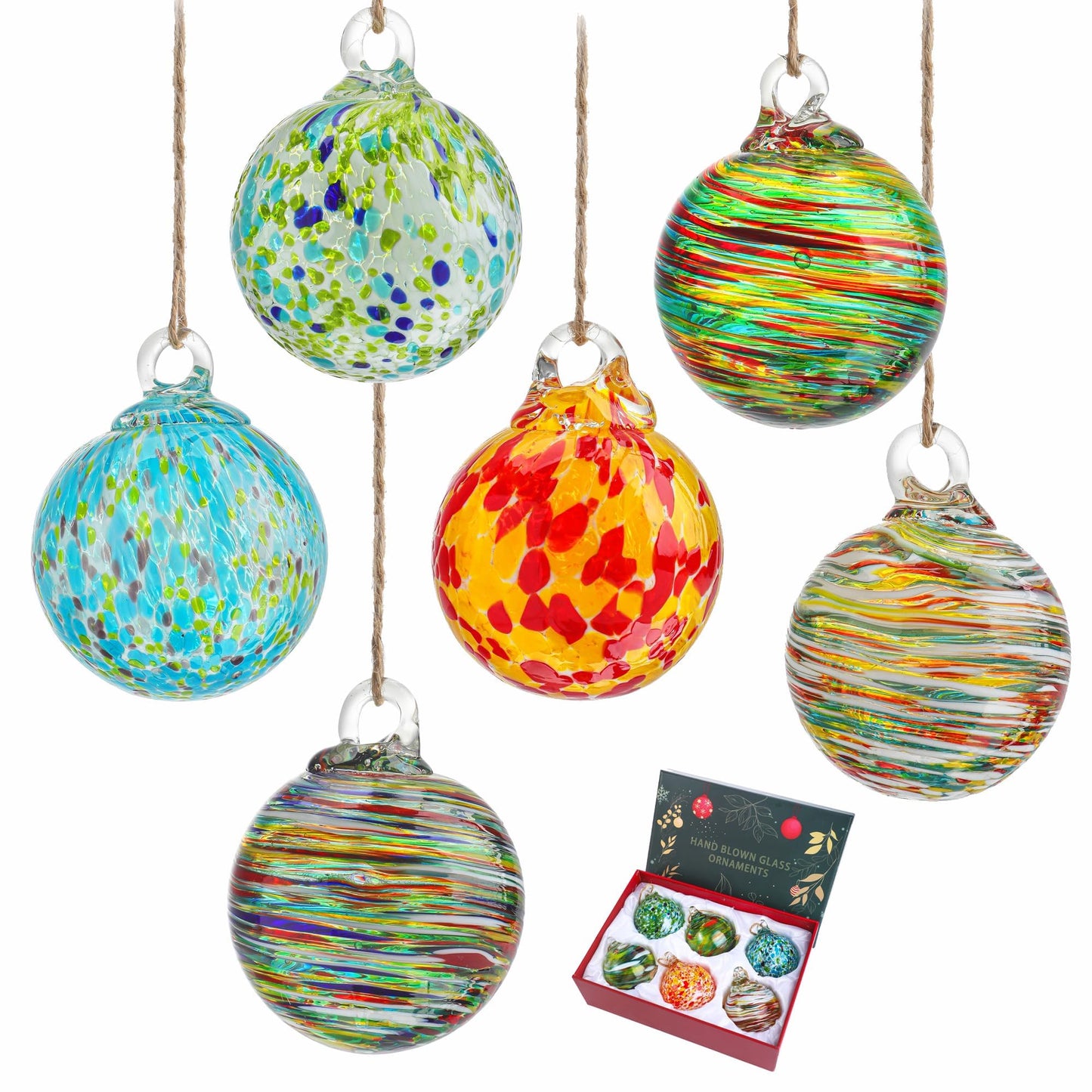 Set of 6 Hand Blown Glass Ball Ornaments Hanging Gazing Ball Witches Ball Decor for Garden Patio Window Tree