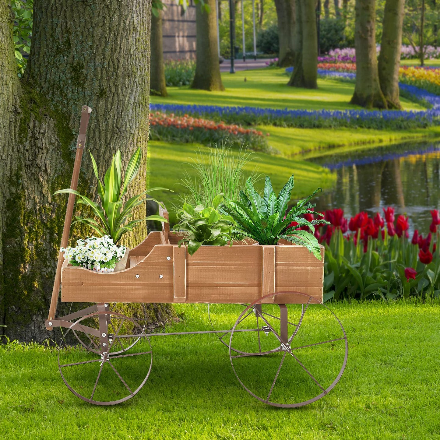 Goplus Wagon Planter, Decorative Wooden Garden Planter with Wheels, 2 Planting Sections and Adjustable Handle, Indoor Outdoor Backyard Balcony Decor (Brown)