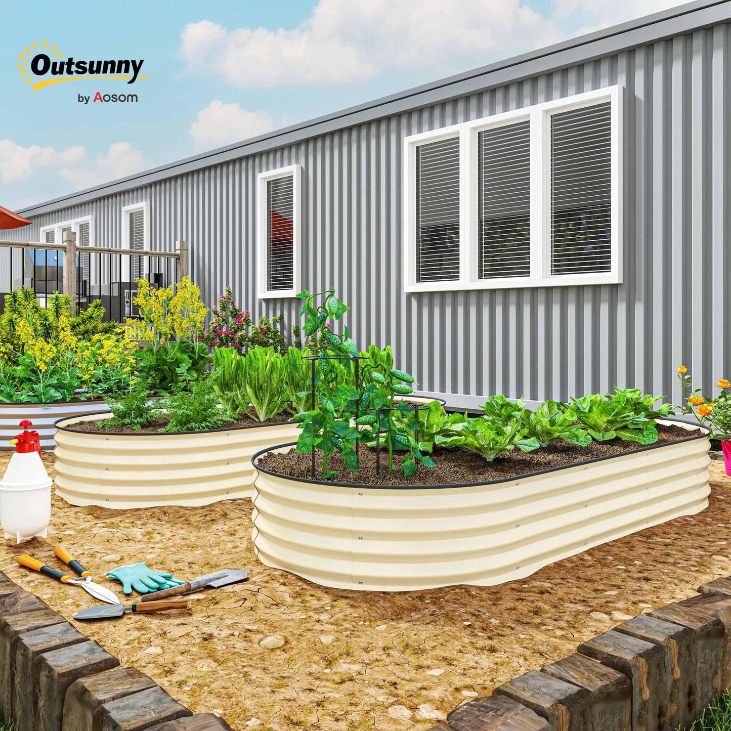 Outsunny 2PCS Galvanized Raised Garden Bed, 7' x 3' x 1' Raised Beds for Gardening with Plant Support Stakes, Rubber Strap Edging and Gloves, Metal Planter Box for Vegetables, Flowers, Cream White