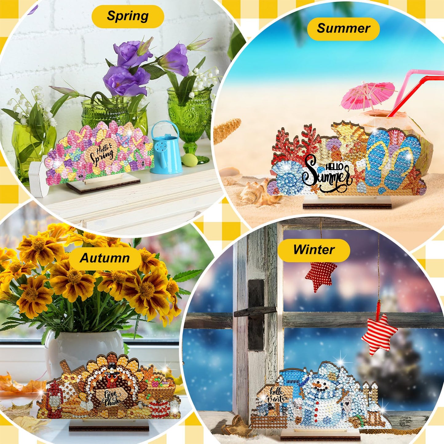 YooNotee 12 Sets Interchangeable Seasonal Diamond Art Tabletop Decorations Holiday Diamond Art Painting Kit with 12 Wood Base for Table Tiered Tray Decor Craft Graduation Centerpiece (Classic Style)
