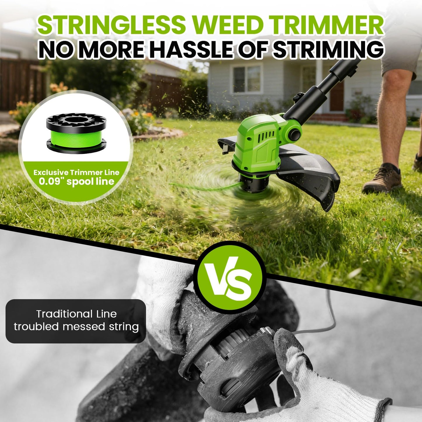 14" Electric String Trimmer Cordless Battery Powered Weed Eater with Wheel, 3-in-1 Cordless Grass Trimmer/Electric Weed Wacker/Edger, Weed Trimmer with 8 Replacement Spools for Garden, Lawn (Green)