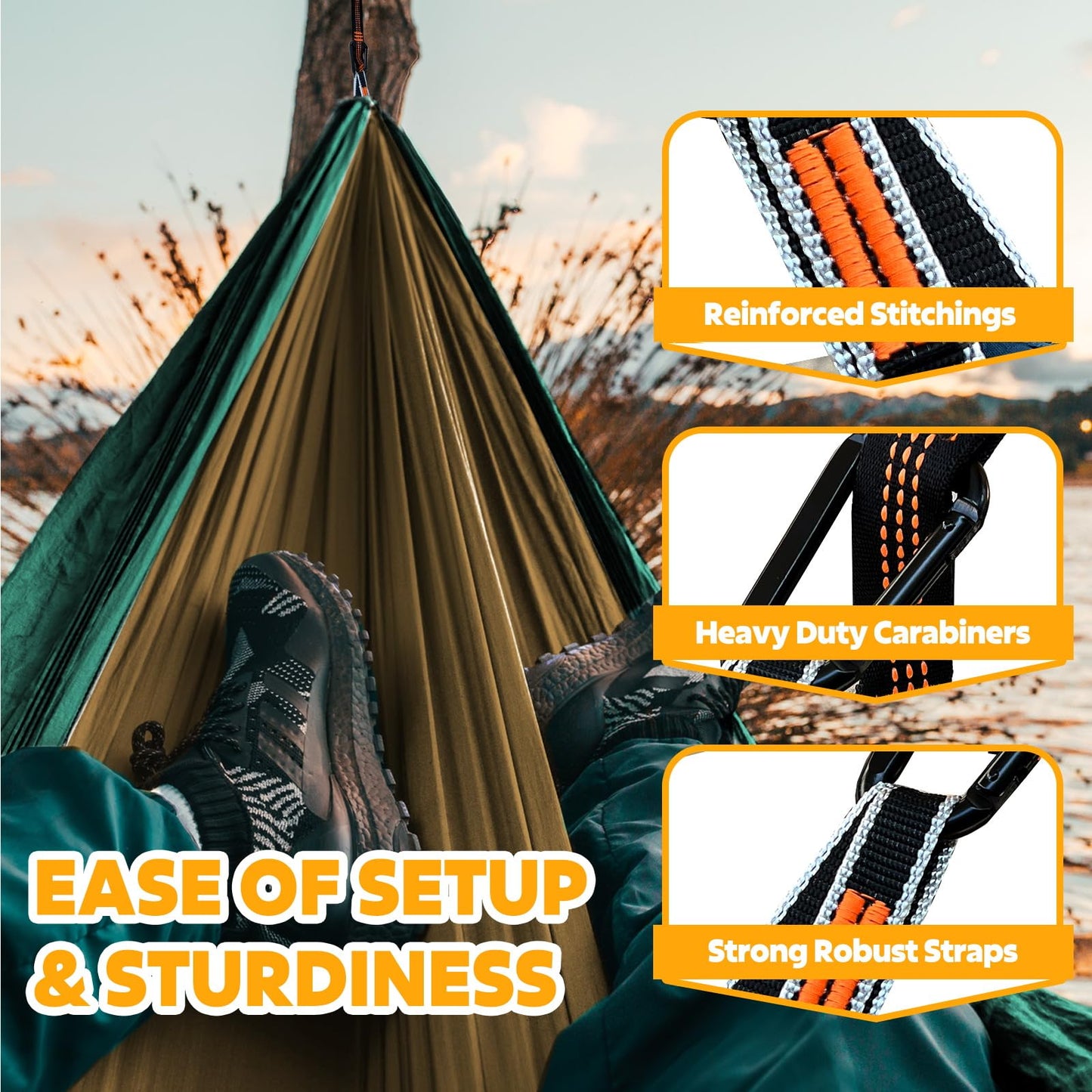 NATUREFUN Ultra-Light Travel Camping Hammock | 300kg Load Capacity,(275 x 140 cm) Breathable,Quick-Drying Parachute Nylon | 2 x Premium Carabiners,2 x Nylon Slings Included | Outdoor Indoor Garden