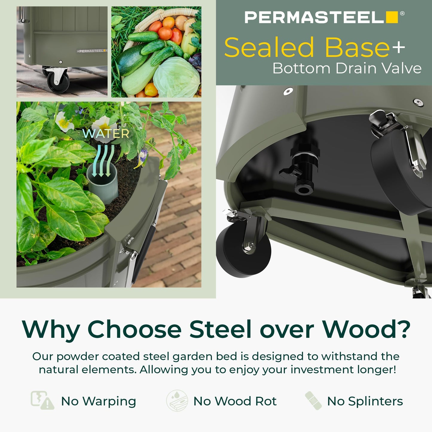Permasteel Self-Watering Garden Bed, Rolling Planter for Vegetables, Flowers, Herbs, and Fruit, Outdoor Indoor, Caster Wheels, Army Green