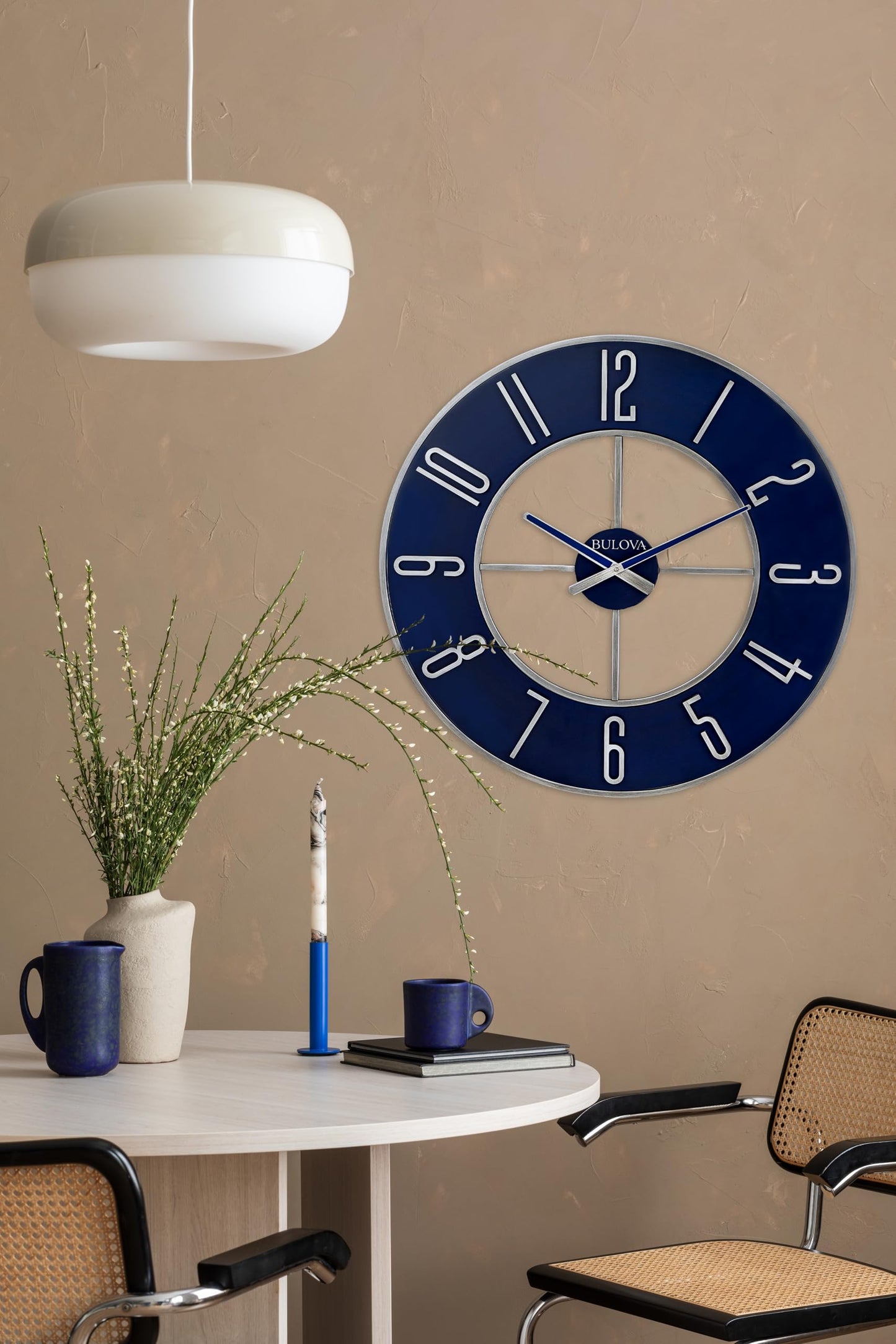 Bulova Blue Steel Oversize Wall Clock |Model C4809, 27" Diameter | Sleek Silver and Blue Finish | Contemporary Design | Battery Operated