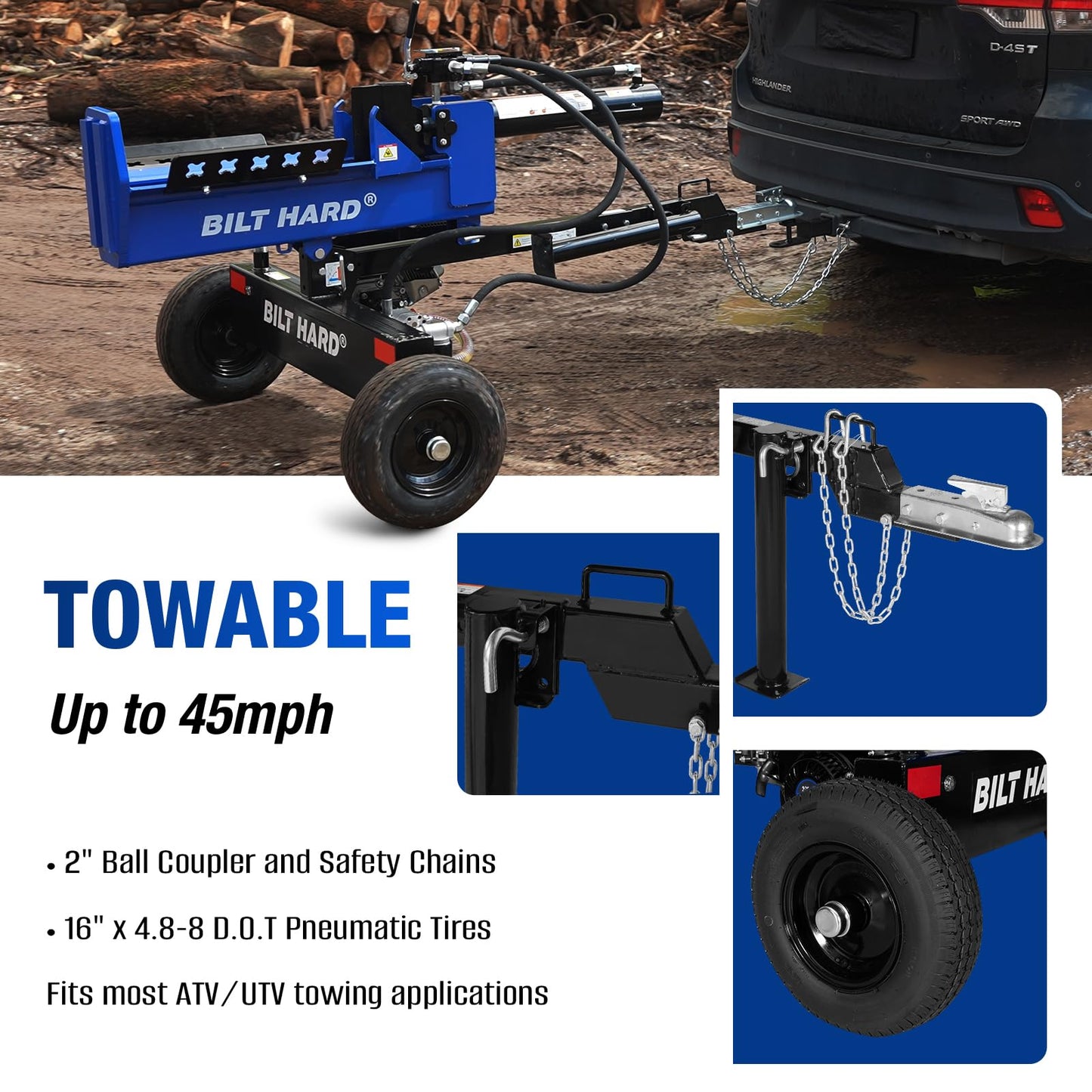 BILT HARD 25-Ton Horizontal/Vertical Towable Gas Log Splitter, Hydraulic Log Splitter with 8 HP 223cc 4-Cycle OHV Engine, 2" Ball Coupler, Safety Chains, Wood Splitter for Firewood Splitting