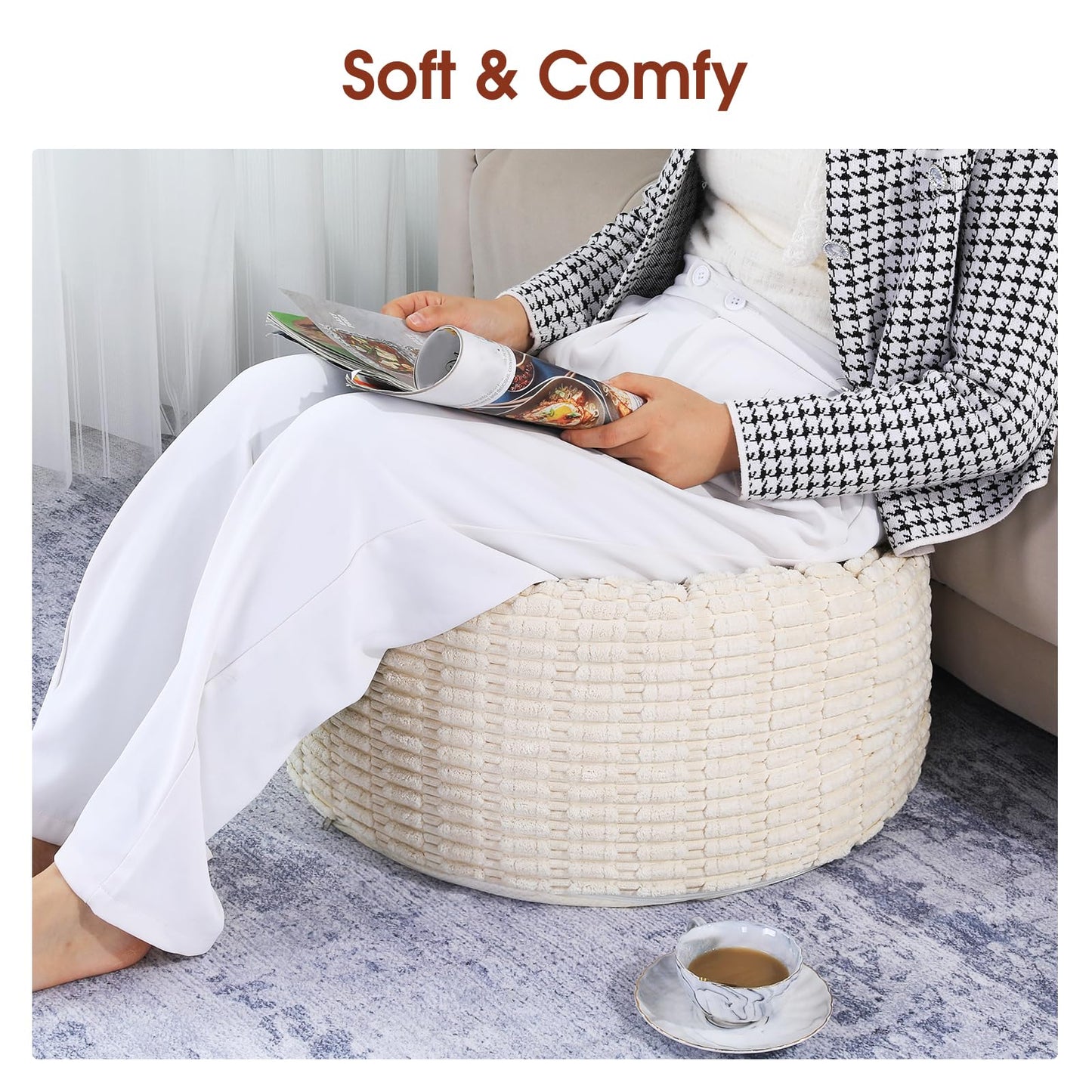 HOMBYS Unstuffed Ottoman Pouf Cover,Round Faux Fur Foot Stool, Fuzzy Chair, Floor Bean Bag(No Filler),Foot Rest with Storage for Living Room, Bedroom, Office, Striped Tufted (Beige)