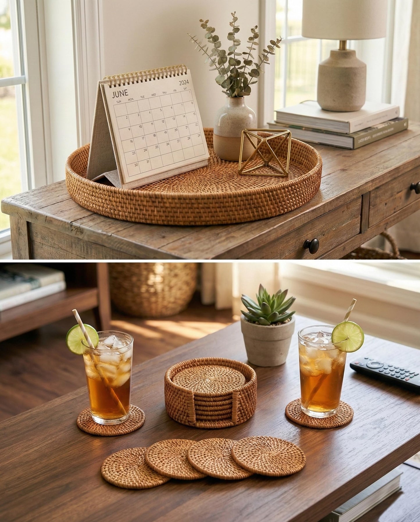 LXZNRQU Round Rattan Serving Tray & 6 Coasters Set with Holder - 11.8" Handwoven Natural Wicker Ottoman Tray with Handles - Decorative Boho Farmhouse Coffee Table Tray for Living Room Home Décor