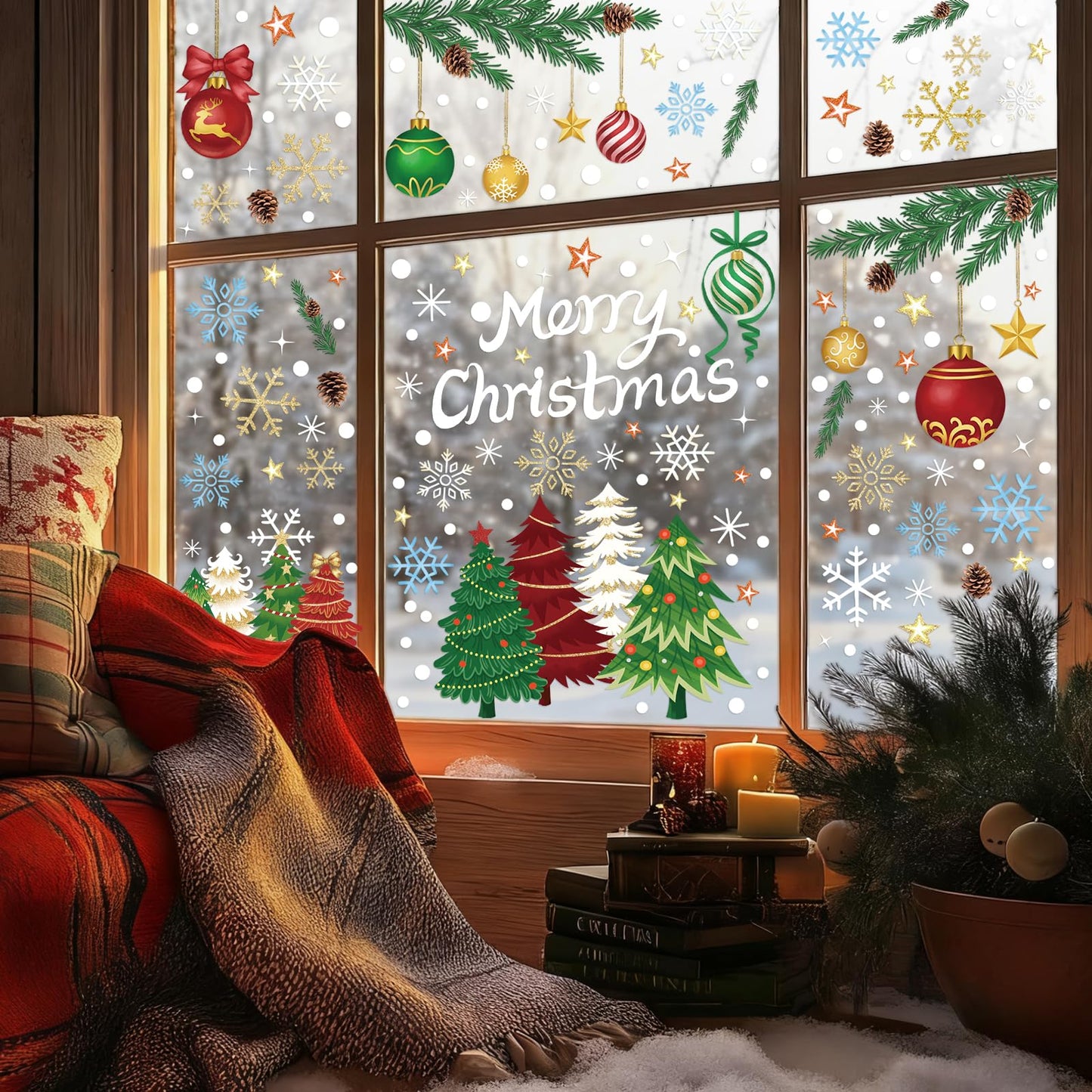 Merry Christmas Window Clings - 5 Sheets 173 Pcs Winter Holiday Window Stickers Christmas Tree Pine Branches Snowflake Decal for Glass Windows for Xmas Classroom Home Office Shop Display