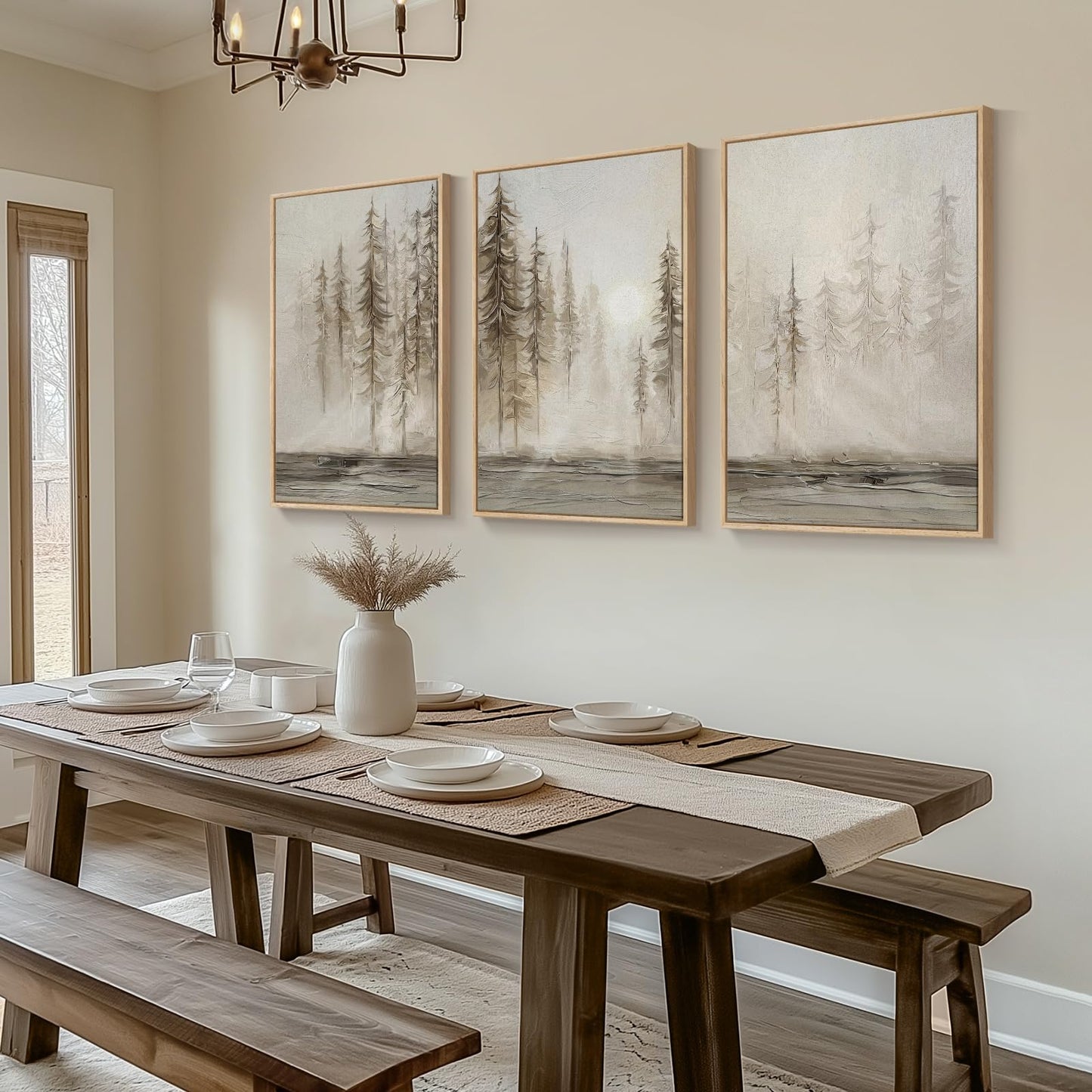 Framed Neutral Wall Art for Living Room, Large 3 Piece Abstract Pastel Grunge Forest Landscape Tree Canvas Artwork Set, Modern Art Decorative Nordic Painting Picture Prints for Hallway Office 24x36 In