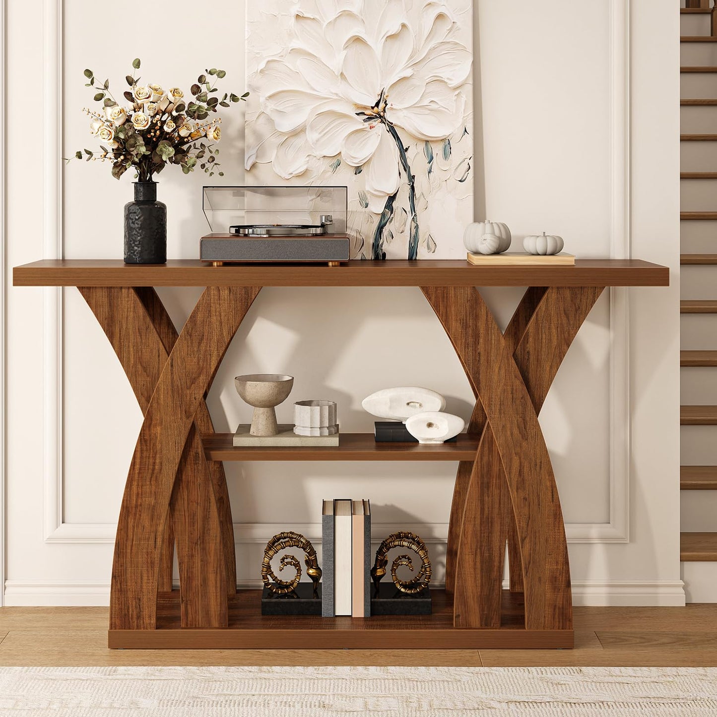 Tarnorci Console Tables, 55-Inches Walnut Console Table with Storage 3-Tier Farmhouse Narrow Entryway Table for Living Room, Hallway, Foyer(Brown)