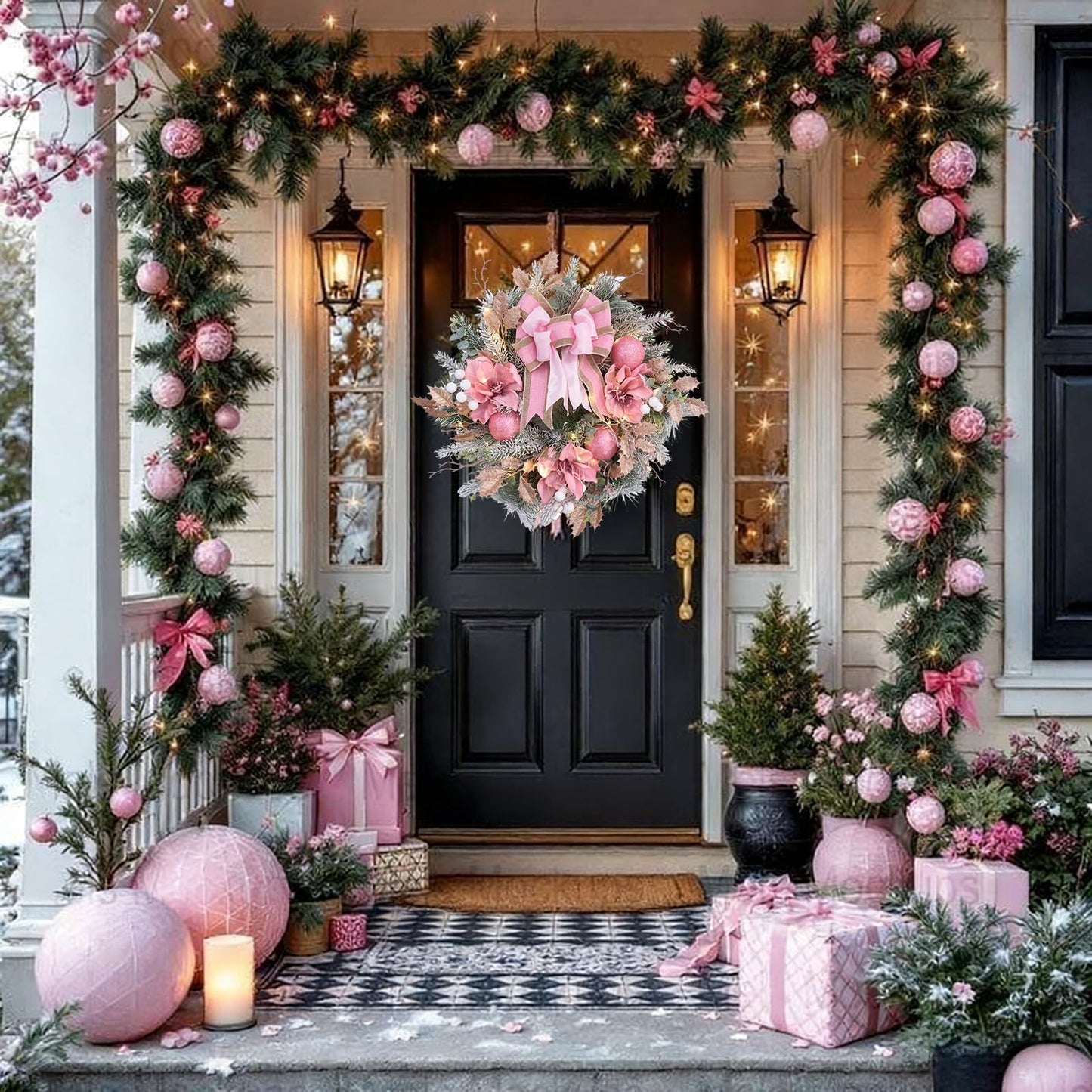 22inch Christmas Pink Wreath for Front Door with 30 LED Lights,Elegant Magnolia Christmas Door Wreath,Festive Holiday Decor, Frosted Winter Pink Decorations for Wedding