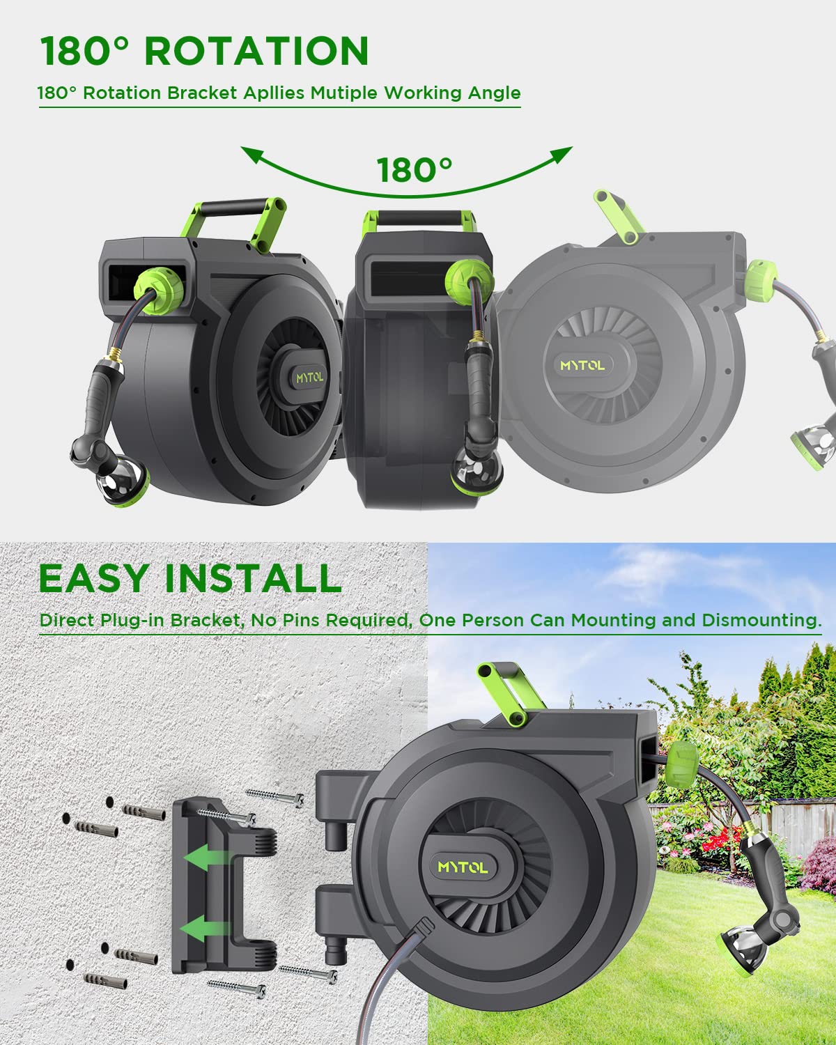 Retractable Garden Hose Reel, 5/8 Inch x 82 ft + 6 ft Wall Mounted Water Hose Reel with Auto Slow Rewind System, 10-Pattern Nozzle, Any Length Lock, 180° Swivel Bracket, Ideal for Easy Watering