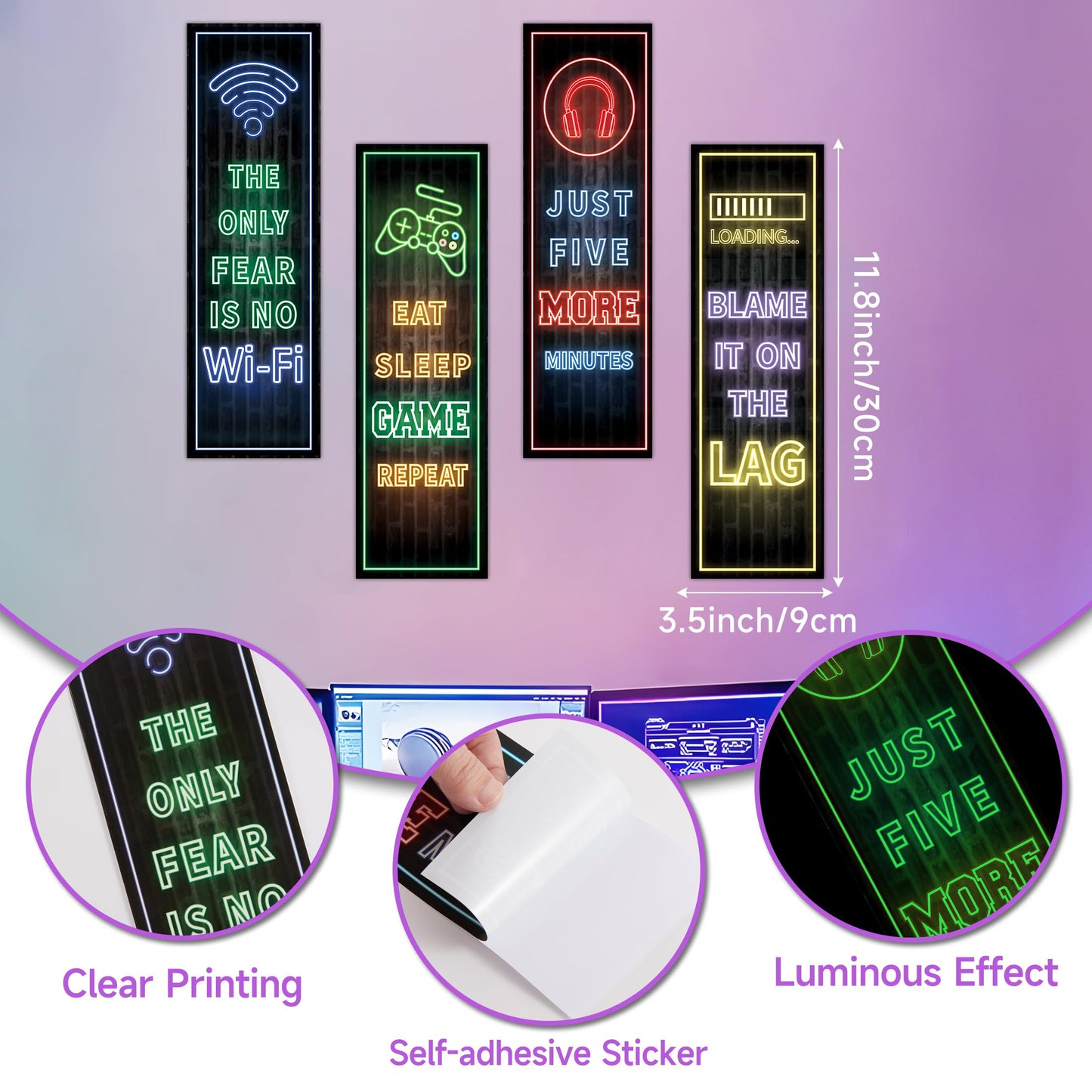 Eat Sleep Game Wall Decals Glow in The Dark, Gamer Controller Stickers Decor for Boy Bedroom, Joystick Video Gaming Kids Playroom Nursery Decoration (Green)