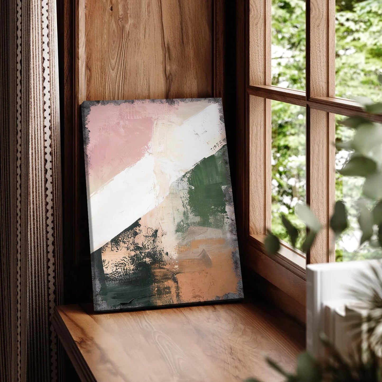Scandinavian Abstract Wall Art Neutral Abstract Print Minimalist Wall Decor Earthy Modern Poster Minimalistic Green Beige Texture Print (20 * 30inch,Frame)
